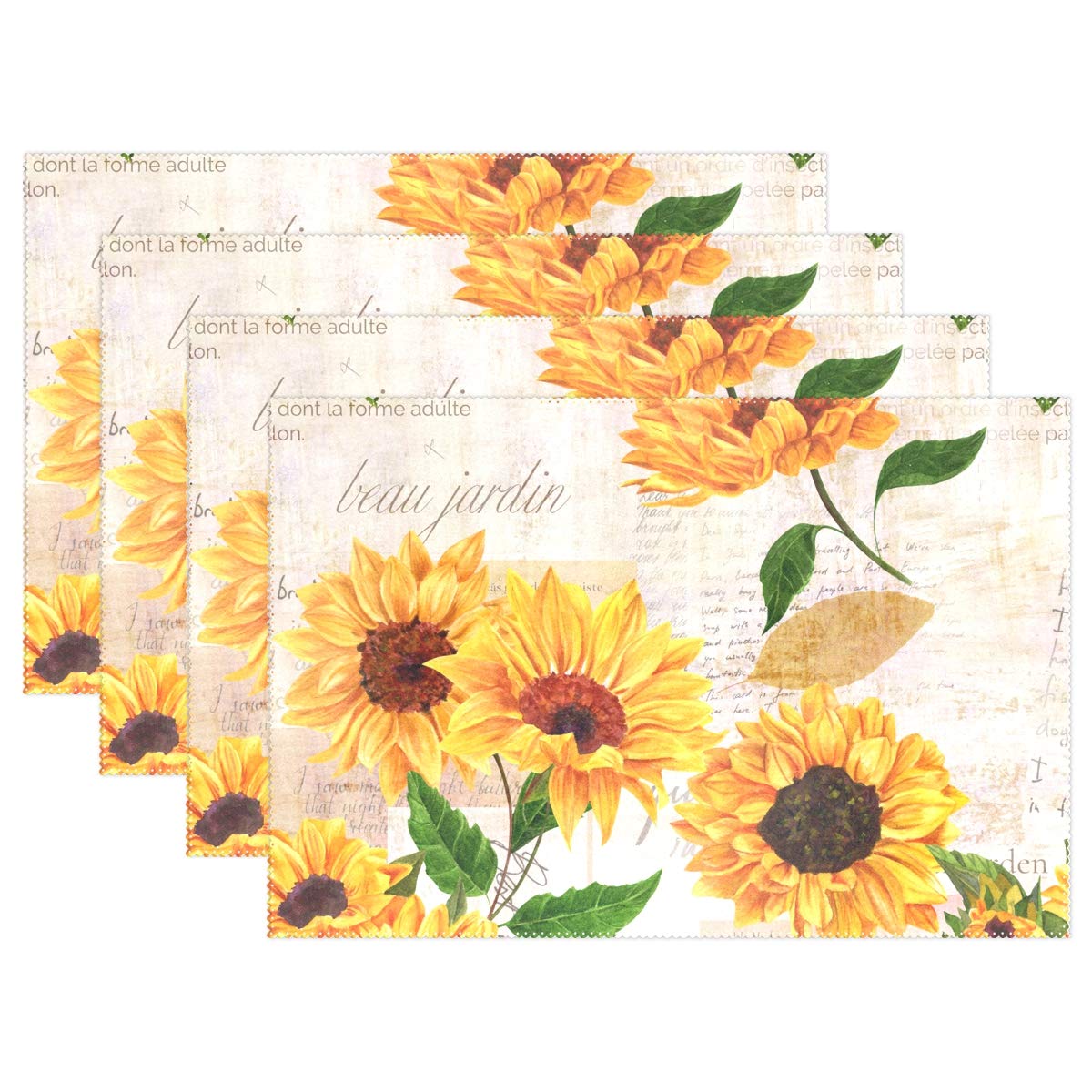 Vintage Sunflower Placemats Set of 4 - Non-Slip Washable Table Mats for Kitchen & Dining Room Decor - Perfect for Farmhouse, Rustic, and Boho Home Decor Styles