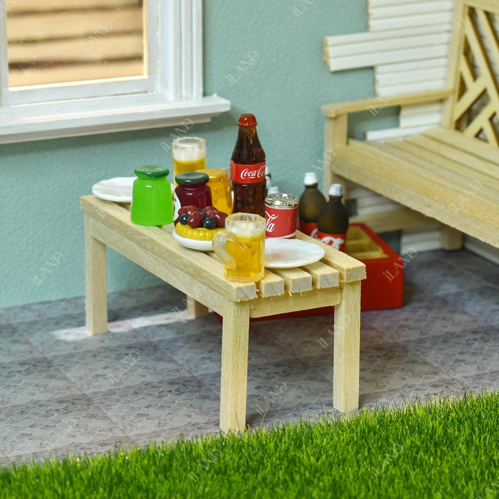 1:12 Scale iLAND Modern Dollhouse Furniture Set - 6pcs Miniature Patio Tables, Garden Chairs, BBQ Grill & Bike Accessories for Doll House Decor | Perfect for Dollhouse Scenes, Miniature Displays & Collectors