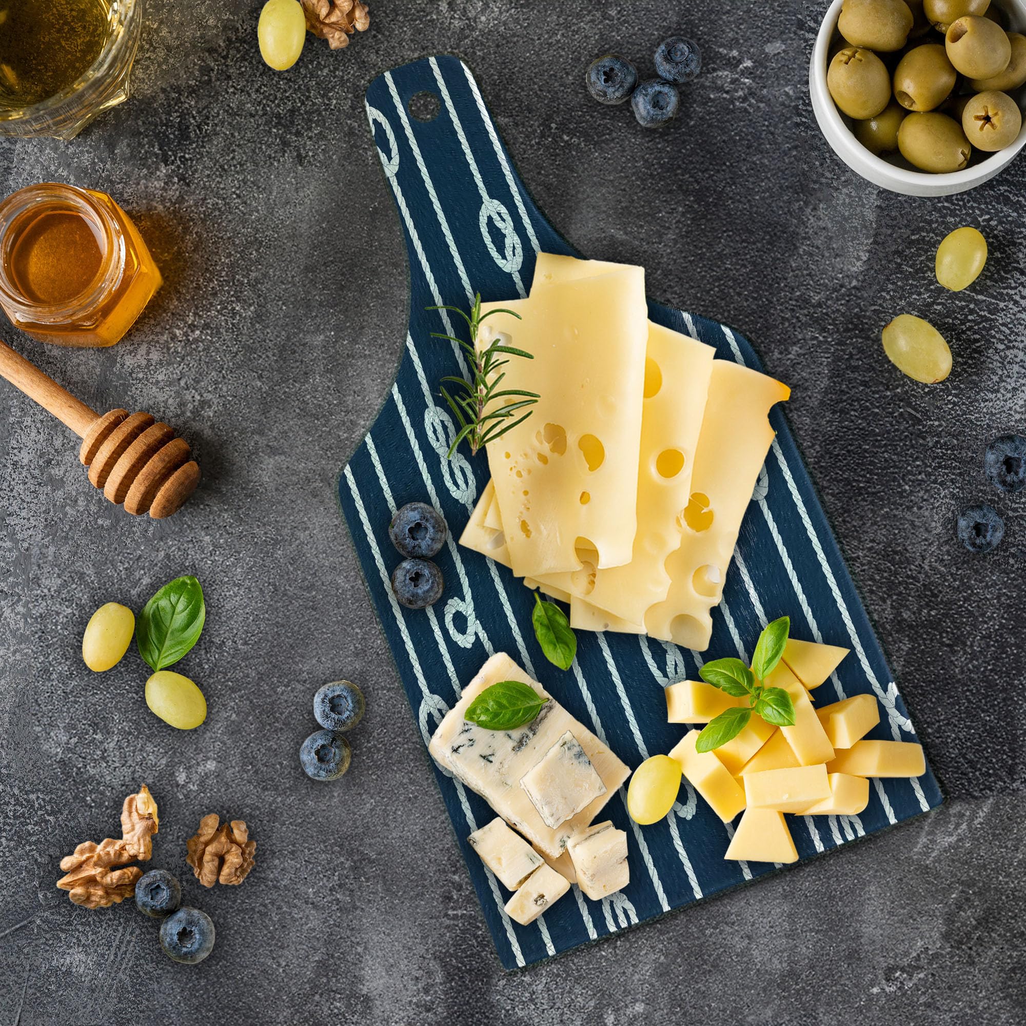 Ambesonne Navy Blue Tempered Glass Cutting Board - Marine Knots Sailor Sailing Theme with Summer Sun Print - Decorative Serving Board for Kitchen, Wine Bottle Shape in White and Blue - Perfect for Entertaining, Charcuterie, and Gift Giving