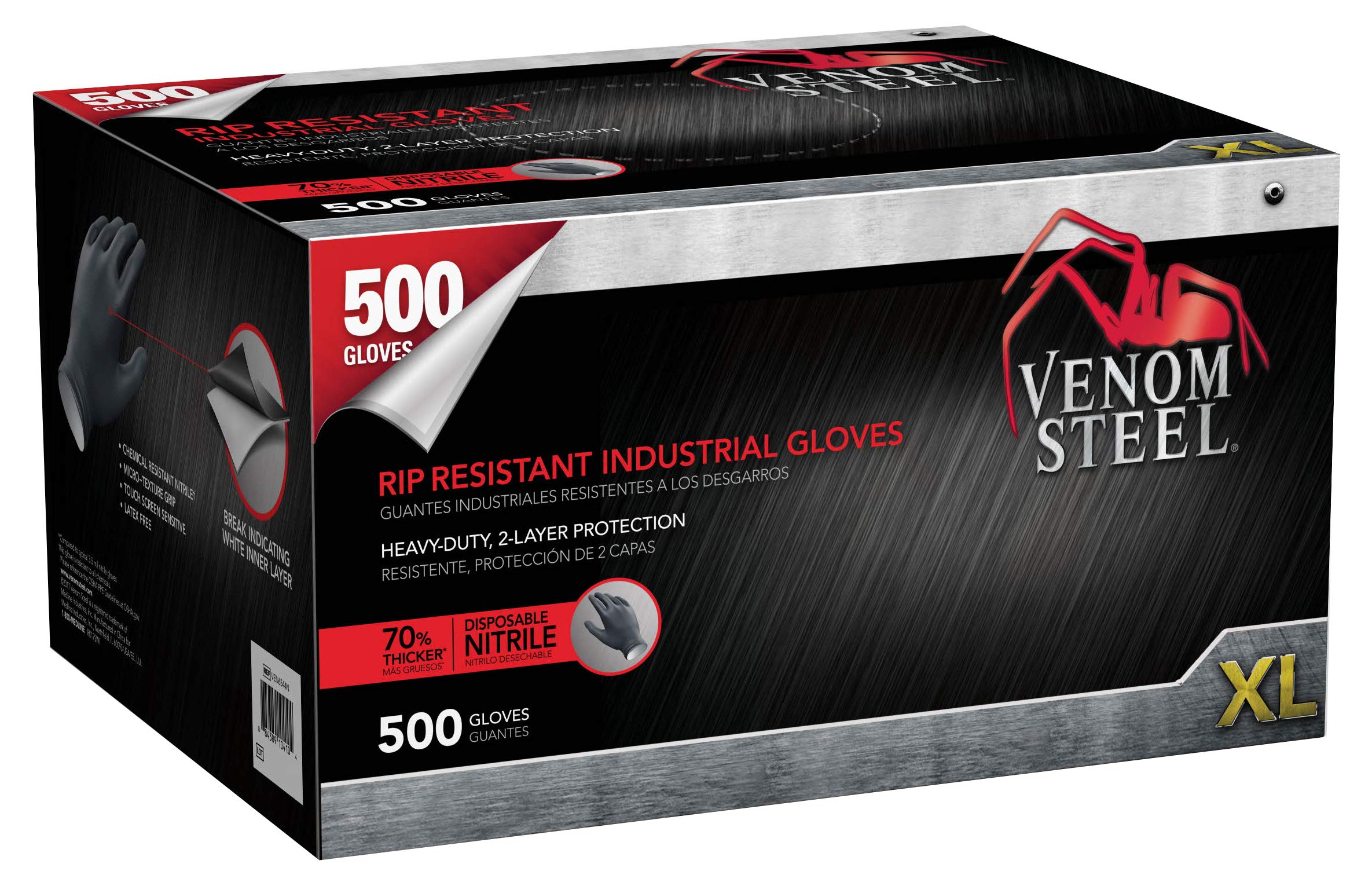 Venom Steel VEN6544 Heavy Duty Nitrile Gloves - Latex Free, Rip Resistant, 6 Mil Thick Disposable Gloves (Pack of 500, X-Large) - Ideal for Medical, Cleaning, Food Handling & Industrial Use