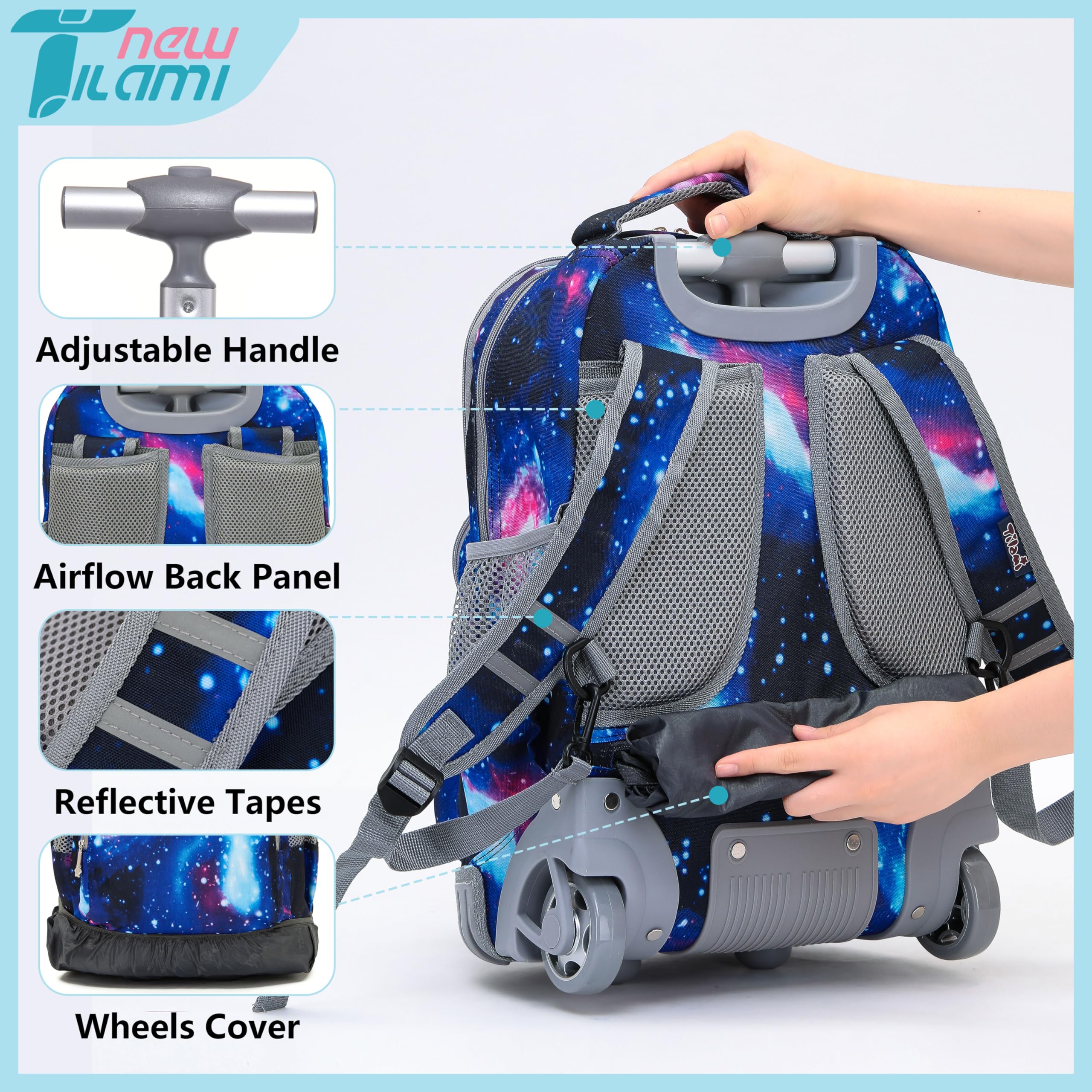 TILAMI 18 Inch Rolling Backpack for Kids - Wheeled Laptop Backpack with Handle, Durable School Travel Backpack for Boys & Girls - Perfect for School, Airplane, and Daily Commute