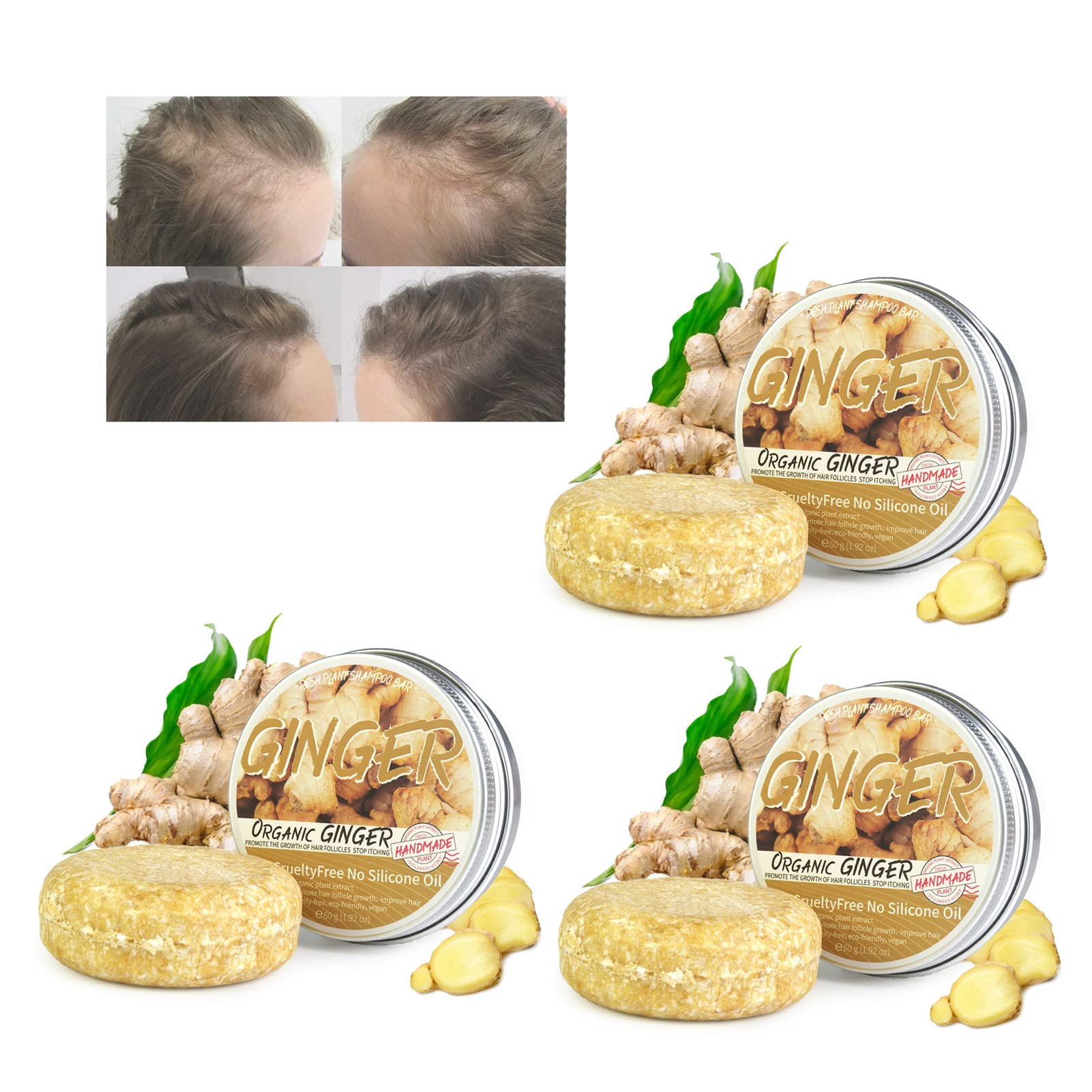 Organic Ginger & Polygonum Shampoo Bar for Hair Regrowth - 100% Natural Anti-Hair Loss Solid Shampoo - Promotes Darker Hair - Perfect for Thinning Hair & Scalp Care - Ideal for Travel & Eco-Friendly Bathroom Routine