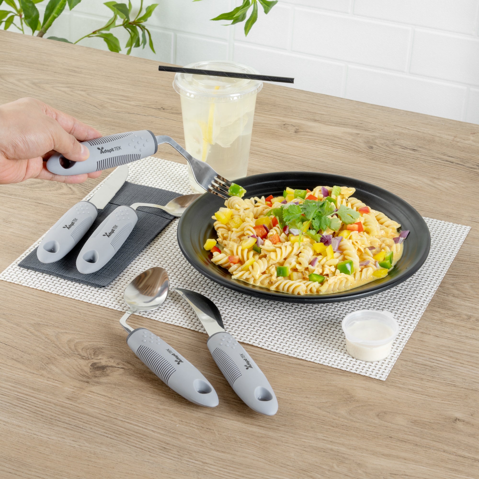 Adapt Tek Gray Stainless Steel 5-Piece Adaptive Offset Utensil Set for Left-Handed Users - Lightweight, Non-Slip Grip - Perfect for Arthritis & Limited Mobility - Kitchen & Dining Essentials (1 Count)