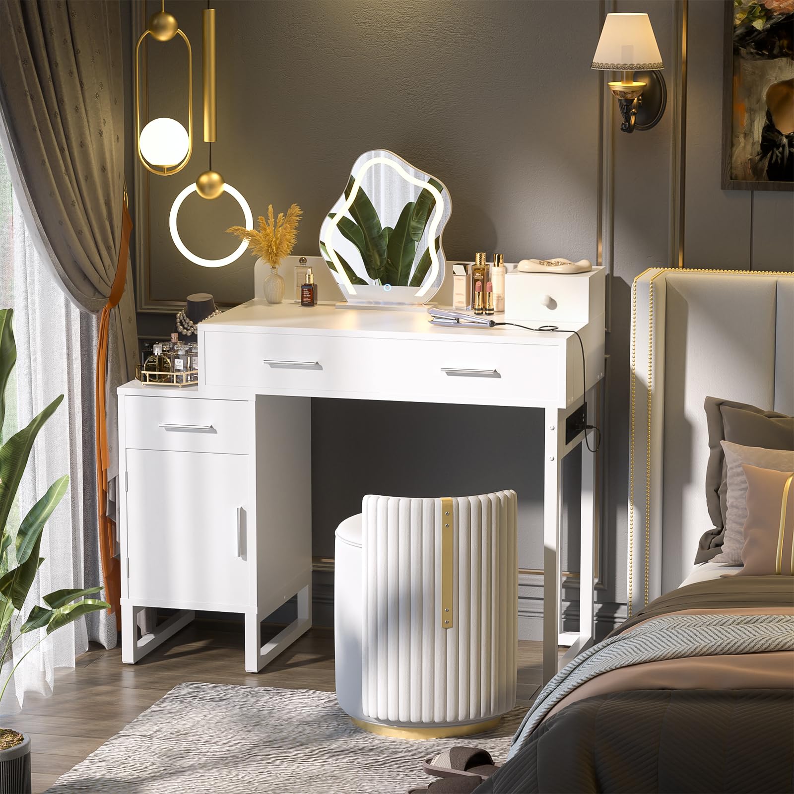 Modern White Vanity Desk with 4 Storage Drawers & Charging Station - Reversible Cabinet Dressing Table Set with Divided Organizers for Women & Girls - Perfect for Bedroom Makeup, Skincare Routine and Home Office Workspace