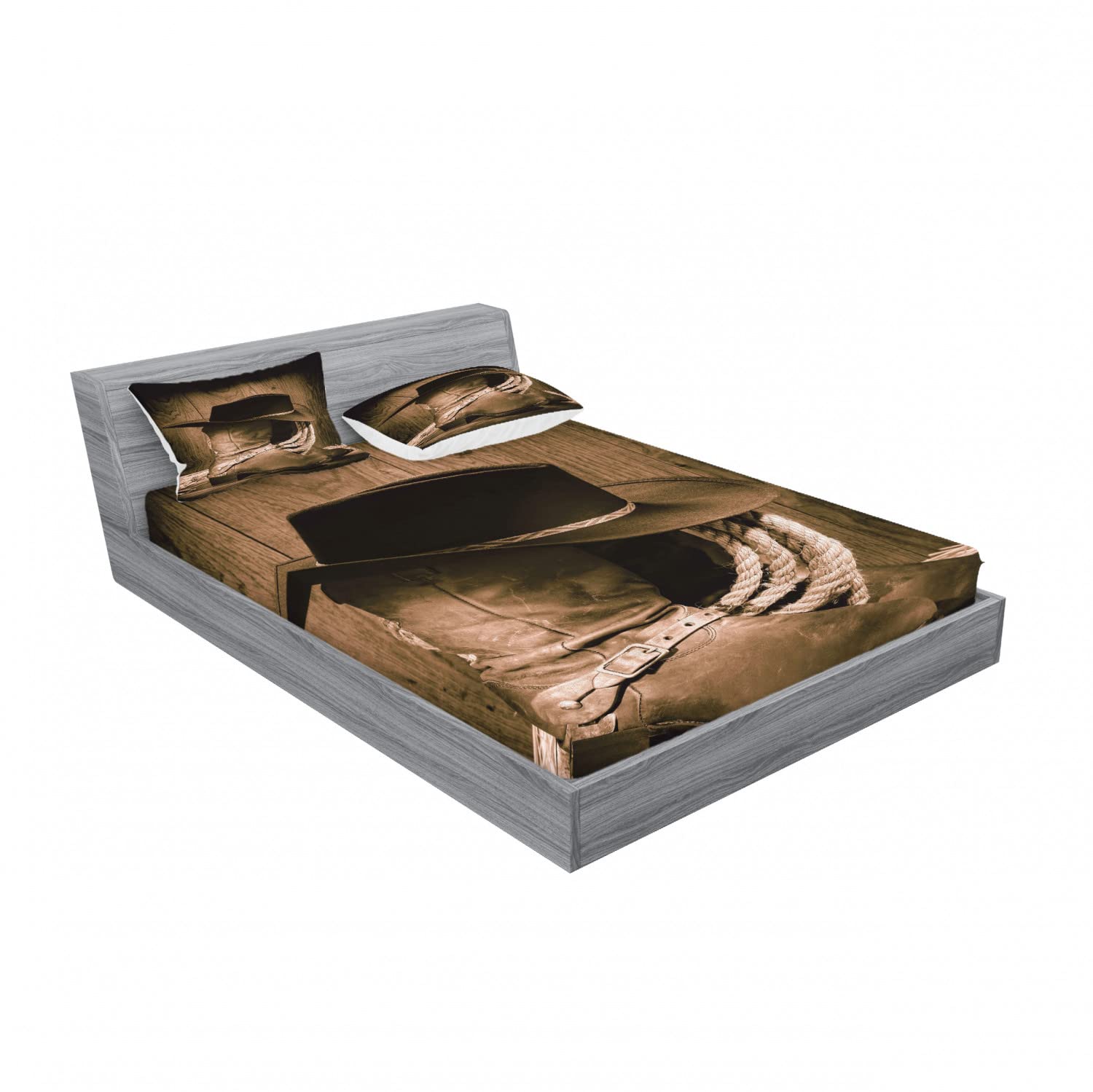 Ambesonne Western 2-Piece King Size Fitted Sheet Set with 4 Pillow Shams - Cowboy Hat Wooden Print Brown Bedding Decor | Perfect for Ranch, Cabin or Western Themed Bedrooms
