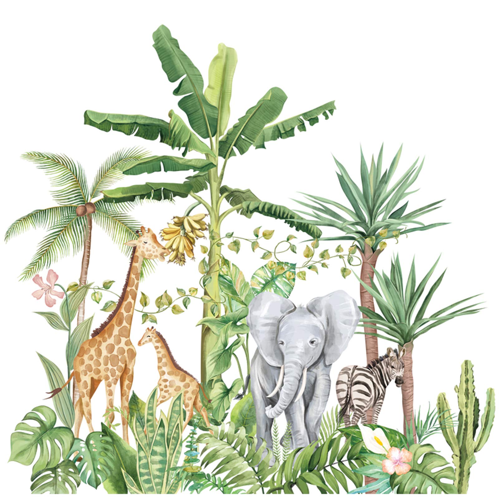 Cartoon Tropical Rainforest Animal Wall Stickers - Removable Jungle Elephant Giraffe Zebra Decals for Kids Bedroom, Nursery & Home Decor | Perfect for Children's Room Themes, Playroom Murals & DIY Wall Art Projects