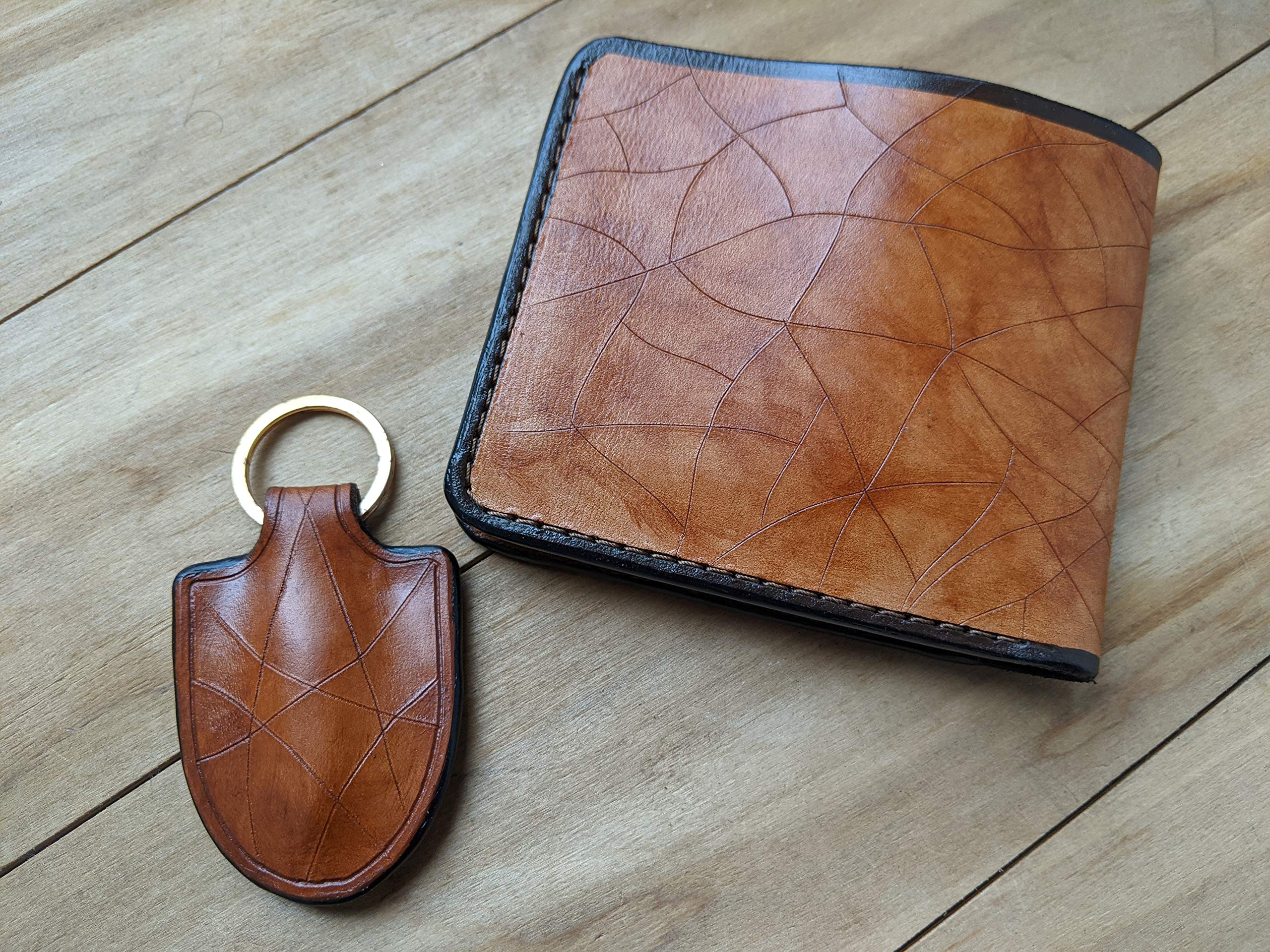 Handmade 3D Genuine Leather Wallet & Keychain Set - Custom Carved & Painted Native American Skull Design - Personalized Patriotic Skeleton & Headdress Art - Perfect for Gifts, Collectors & Western Style Enthusiasts
