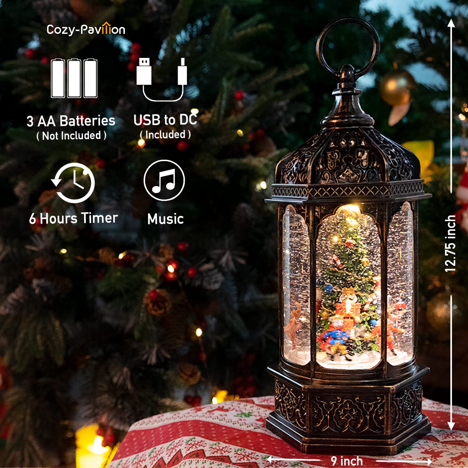 Christmas Snow Globes Musical Lantern with Timer - 12.7'' Rotating Nutcracker Figures & Swirling Glitter - Holiday Home Decor, Gift for Friends - Perfect for Christmas Tree Ornaments, Mantel Decorations & Winter Wonderland Displays