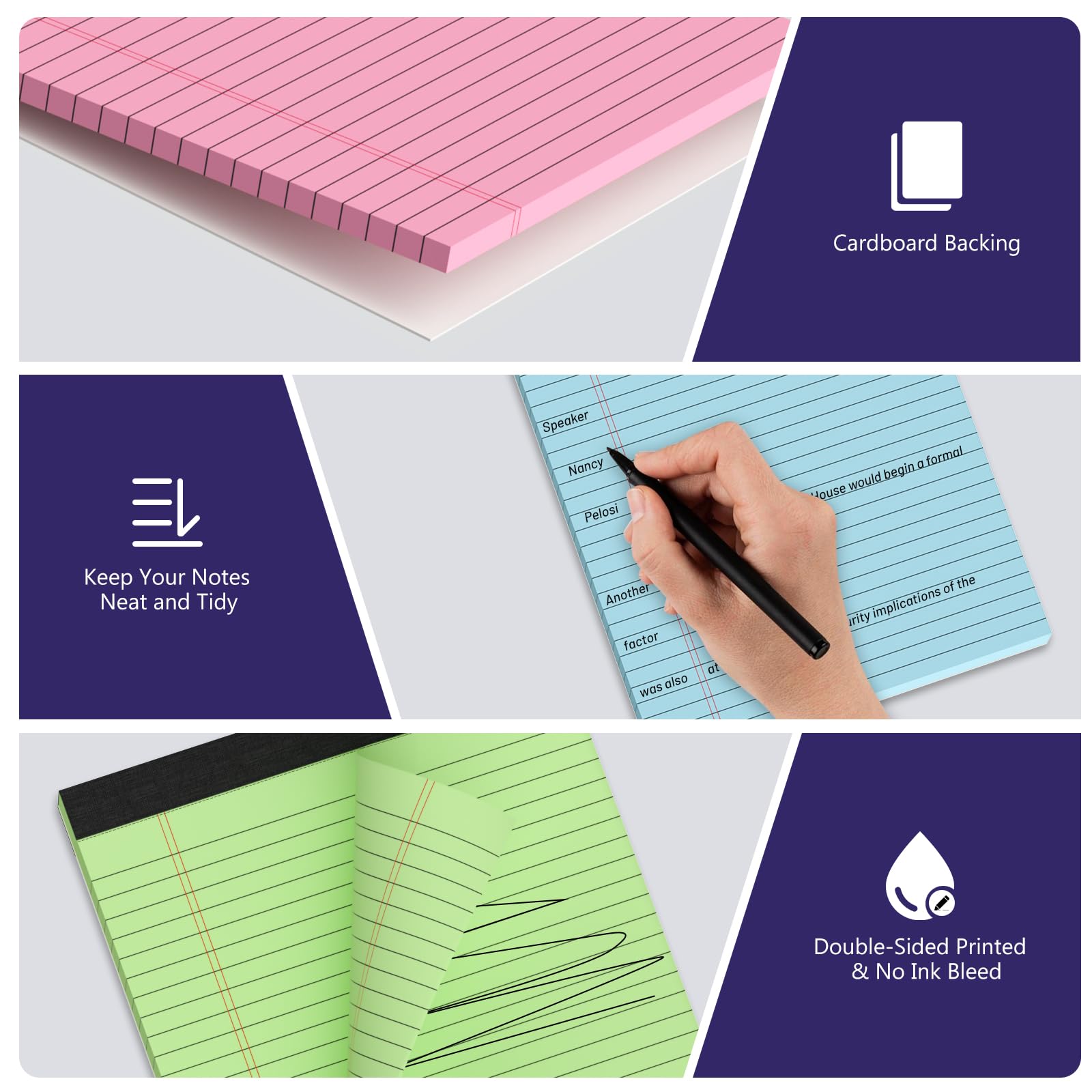 4-Pack Colored Legal Pads 8.5 x 11 Inches - Wide Ruled Perforated Notepads, 30 Sheets 80GSM Paper for School, College & Office Use - Perfect for Note Taking, Meeting Minutes & Daily Planning