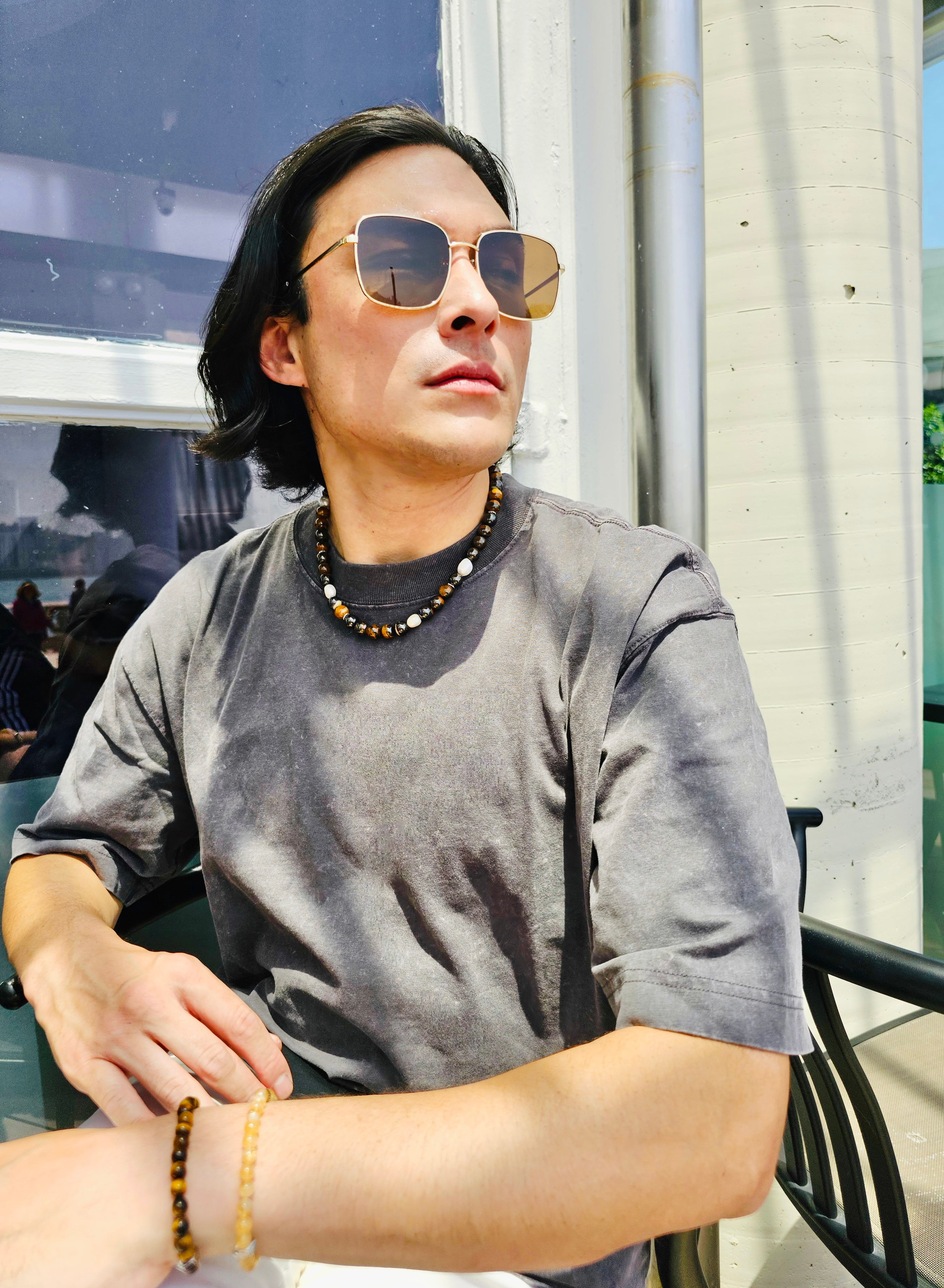 Men's Tiger Iron Stone & Freshwater Pearl Necklace - Handmade Spiritual Jewelry for Meditation, Yoga & Energy Healing (Style: MEN19)
