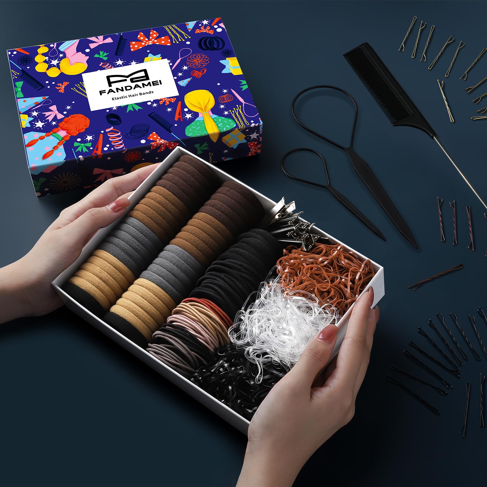 FANDAMEI Hair Accessories Kit for Women - 50 Pcs Elastic Hair Ties, Cotton Headbands, Rubber Bands, Bobby Pins & Rat Tail Comb - Perfect for School, Work, Gym and Everyday Styling