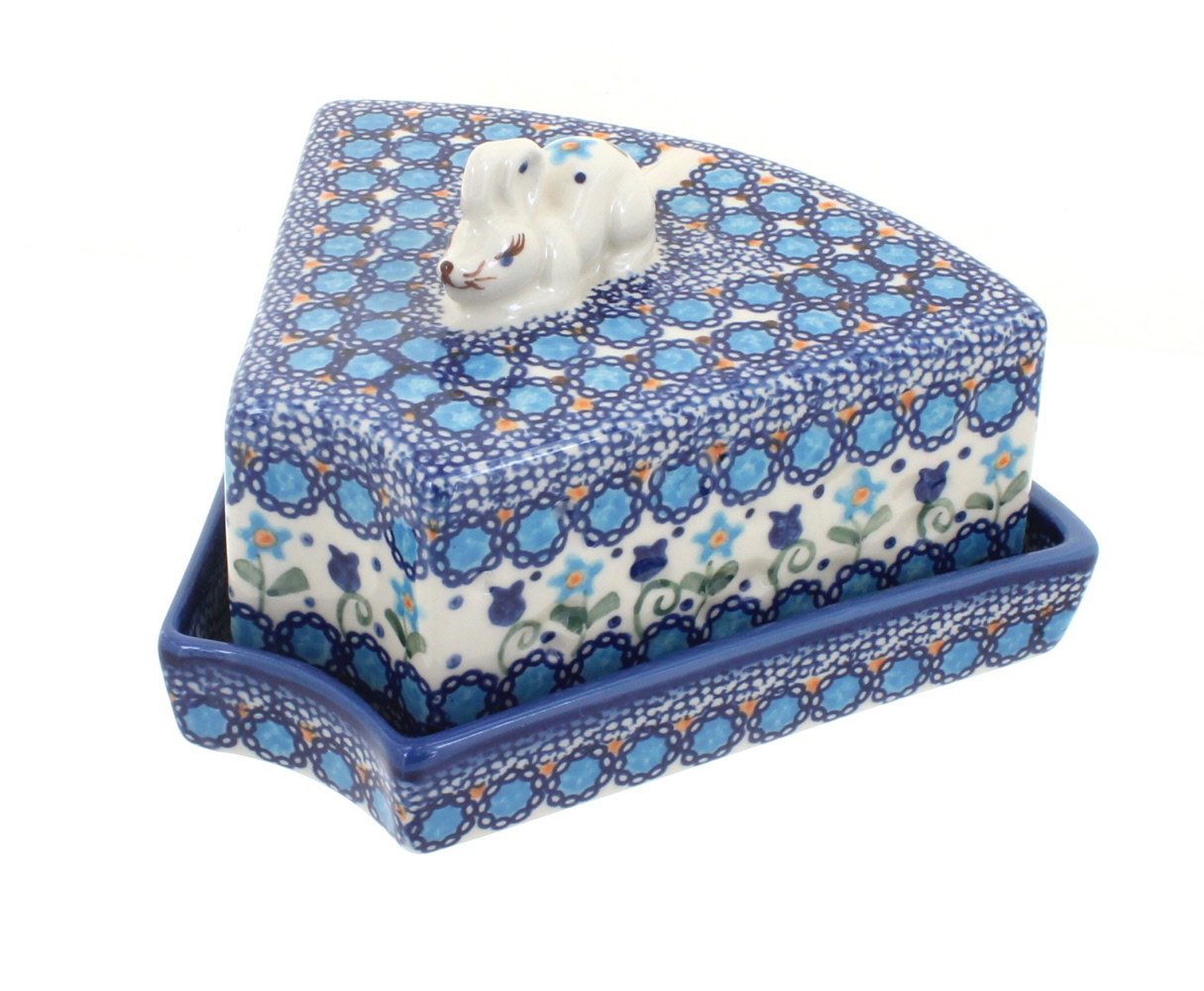 Blue Rose Polish Pottery Savannah Cheese Dish with Mouse Lid - Handmade Ceramic Cheese Plate for Entertaining - Perfect for Wine Parties, Charcuterie Boards & Gift Giving