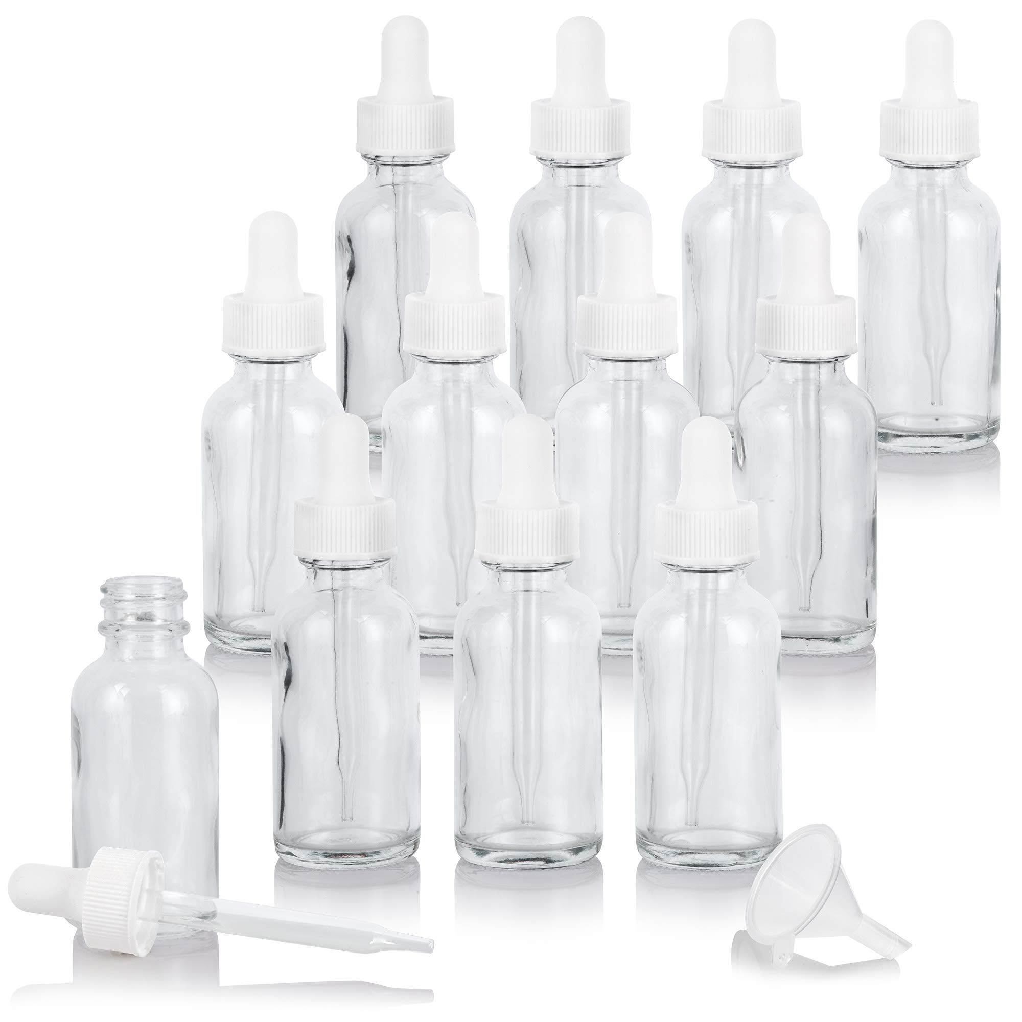 JUVITUS 12 Pack 1 oz (30 ml) Clear Glass Boston Round Bottles with White Dropper Caps & Funnel - Essential Oil, CBD, Tincture Storage - Perfect for DIY Beauty, Aromatherapy & Herbal Remedies