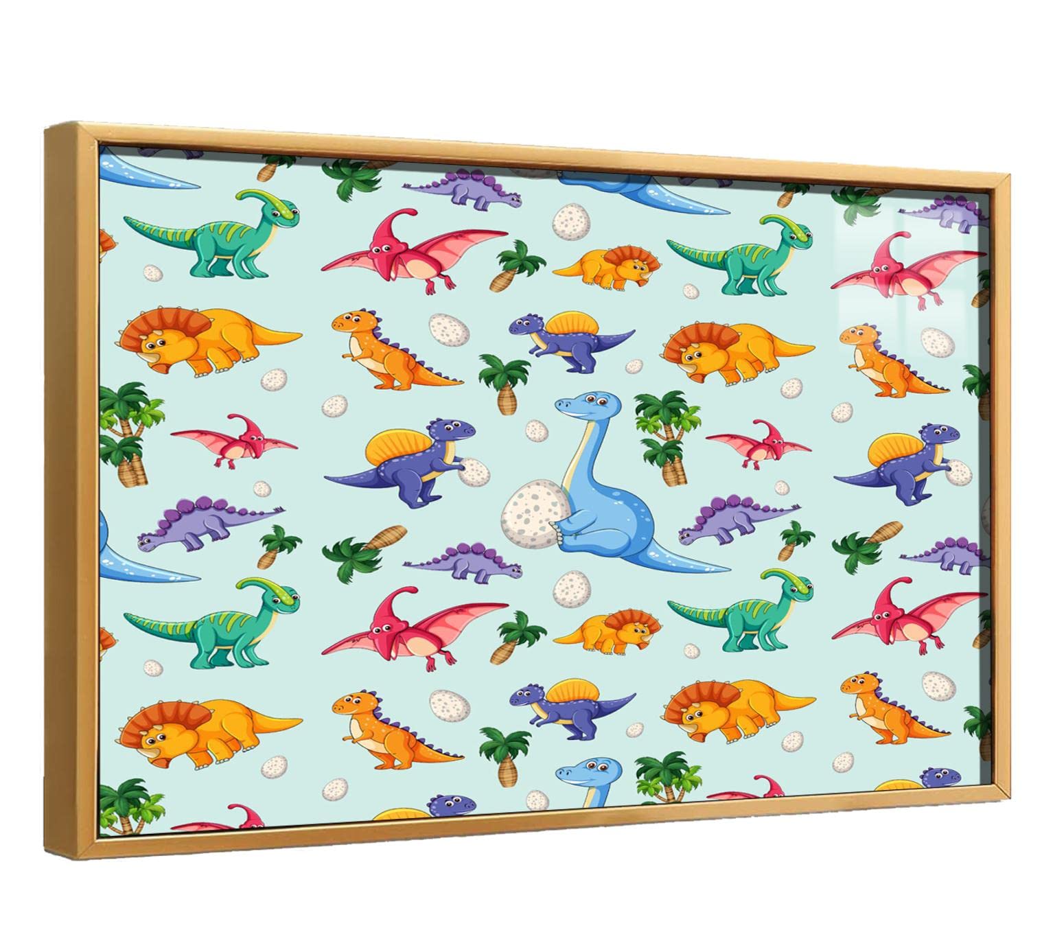 Dinosaur Wall Art Canvas Painting - Colorful Framed Dinosaur Print for Home Decor (12x16 Inches, Gold Aluminum Frame) - Perfect for Bedroom, Living Room, Office, Kitchen & Bathroom Decoration