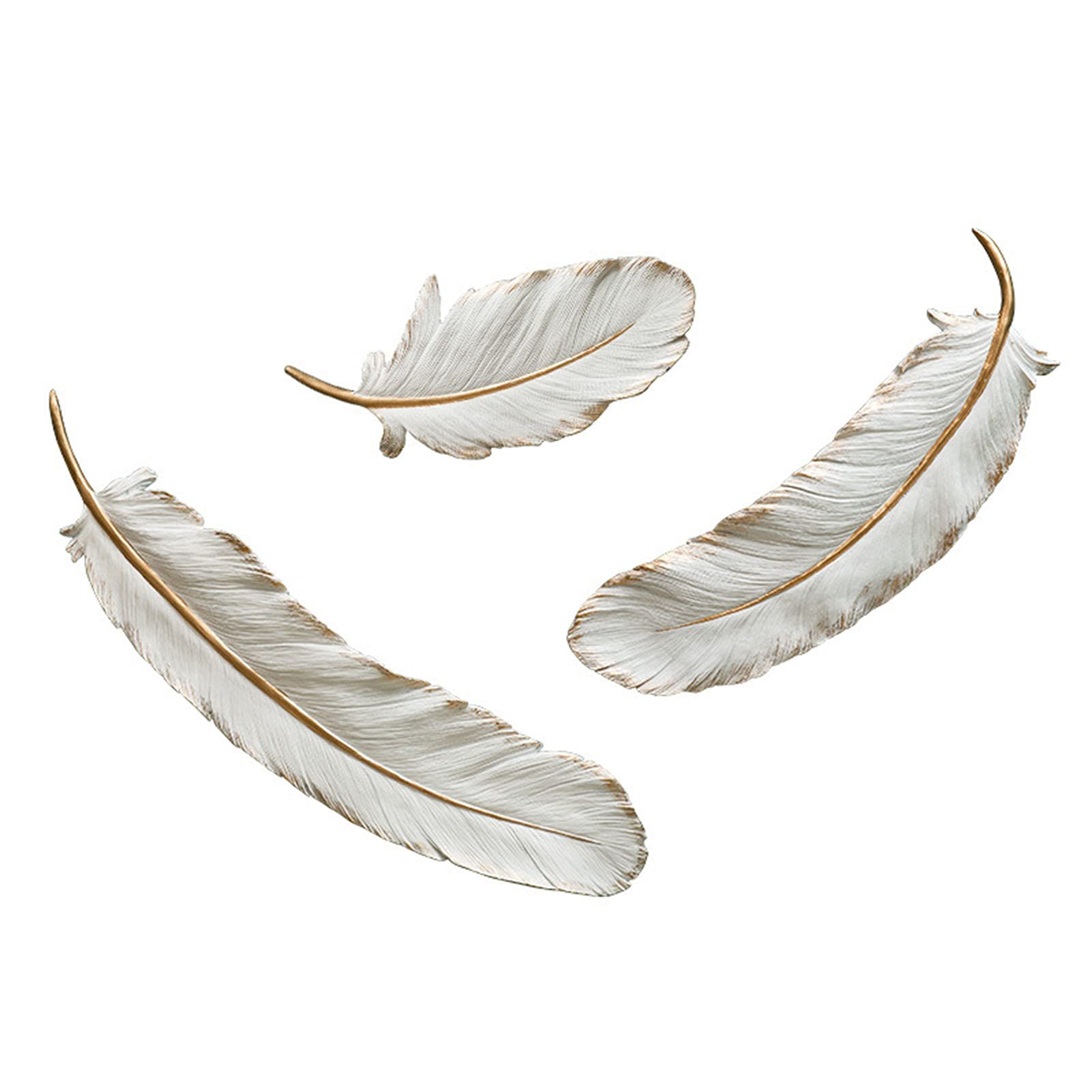 White Gold Resin Feather Wall Art Decor - 3Pcs Polyresin Hanging Sculptures for Home, Office, Farmhouse & Cottage - Aesthetic Room Decor for Living Room, Bedroom - Perfect for Boho, Coastal & Modern Interior Design Styles