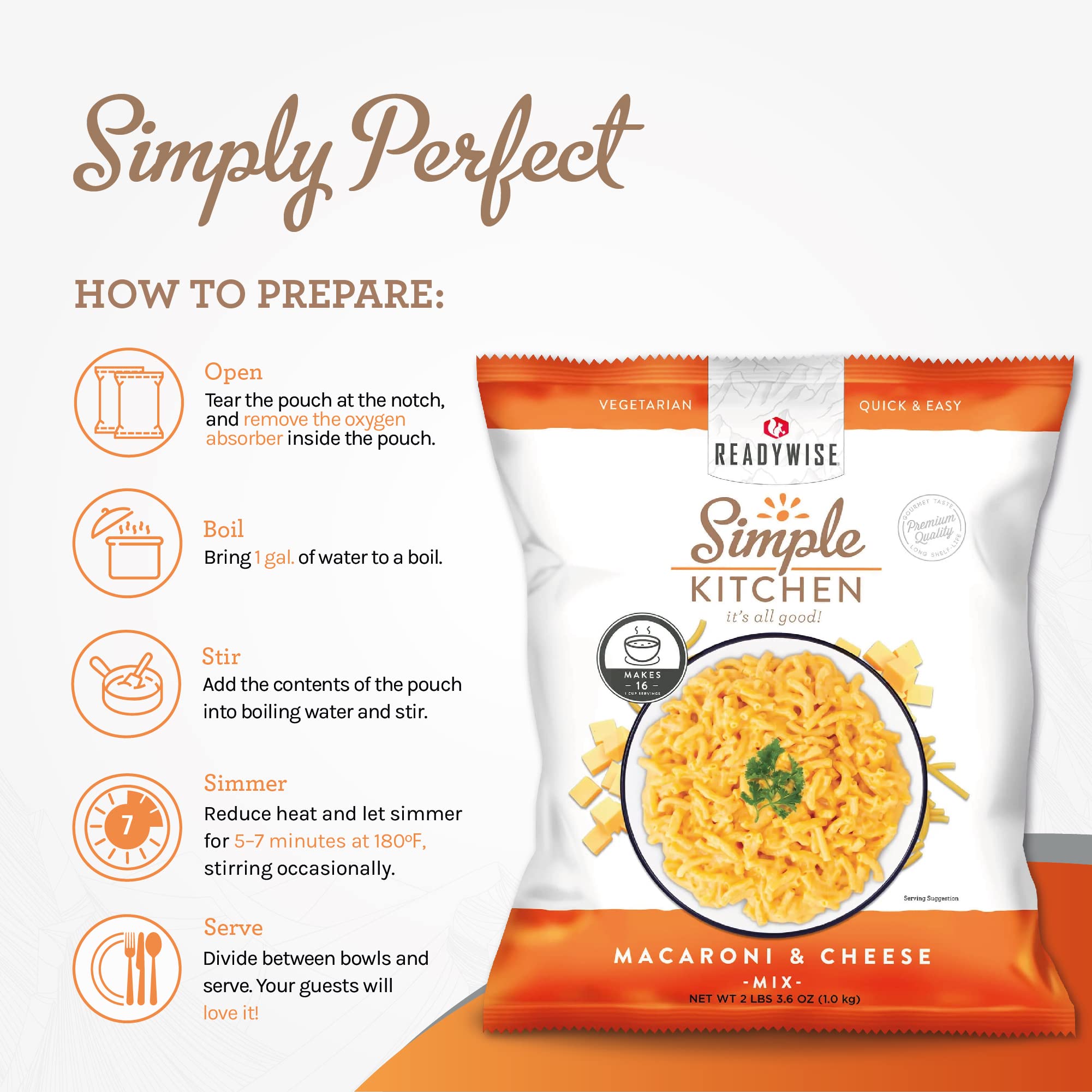 READYWISE Simple Kitchen Macaroni and Cheese - 16 Servings per Pack (Pack of 4) | Vegetarian MRE for Hiking, Camping, Emergency Food Supply | Perfect for Meal Prep, Daily Use & Outdoor Adventures