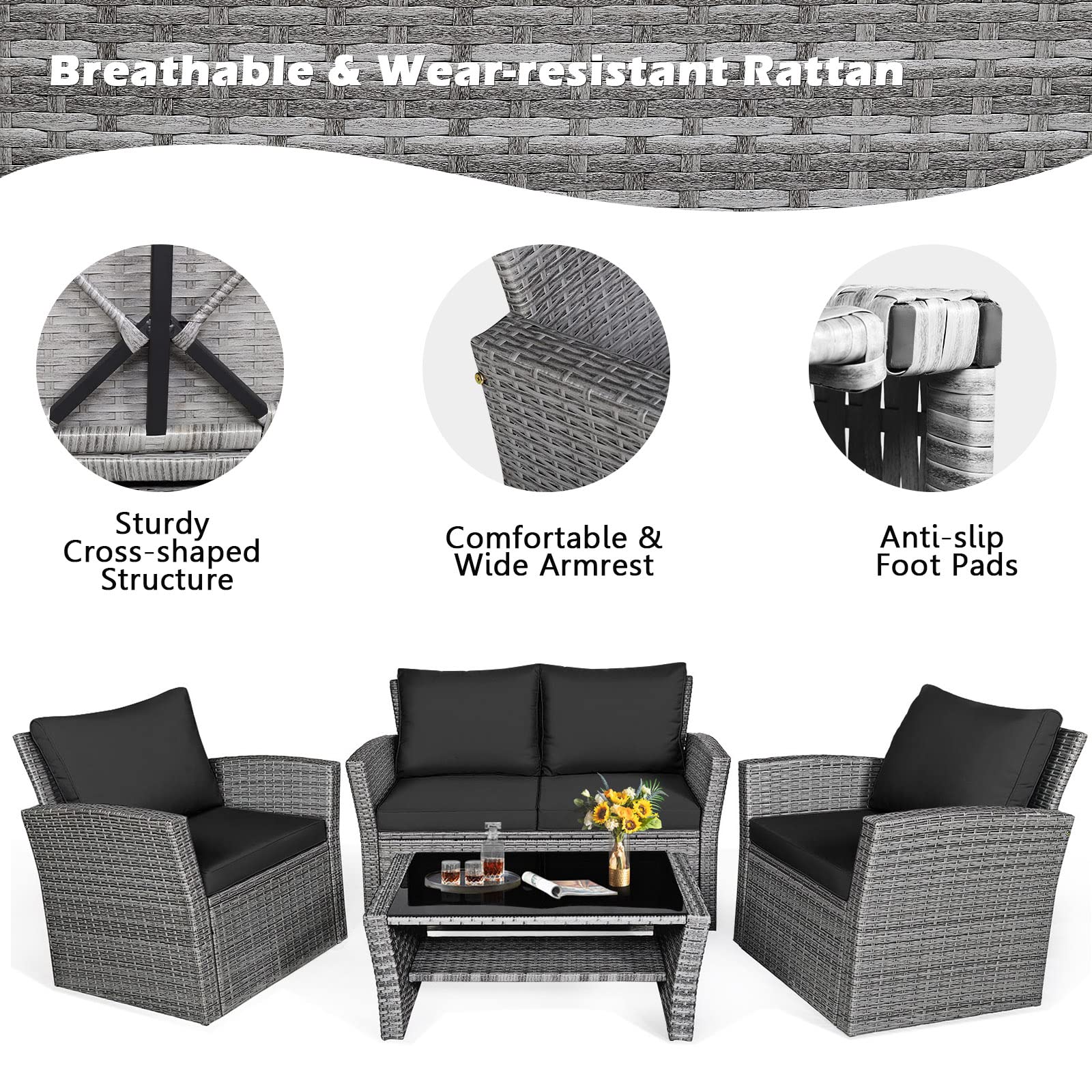 HAPPYGRILL 4-Piece Outdoor Rattan Patio Furniture Set with Cushions & Coffee Table - Wicker Sofa Sectional for Garden, Porch, Balcony, Poolside - Perfect for Relaxing, Entertaining & Outdoor Dining