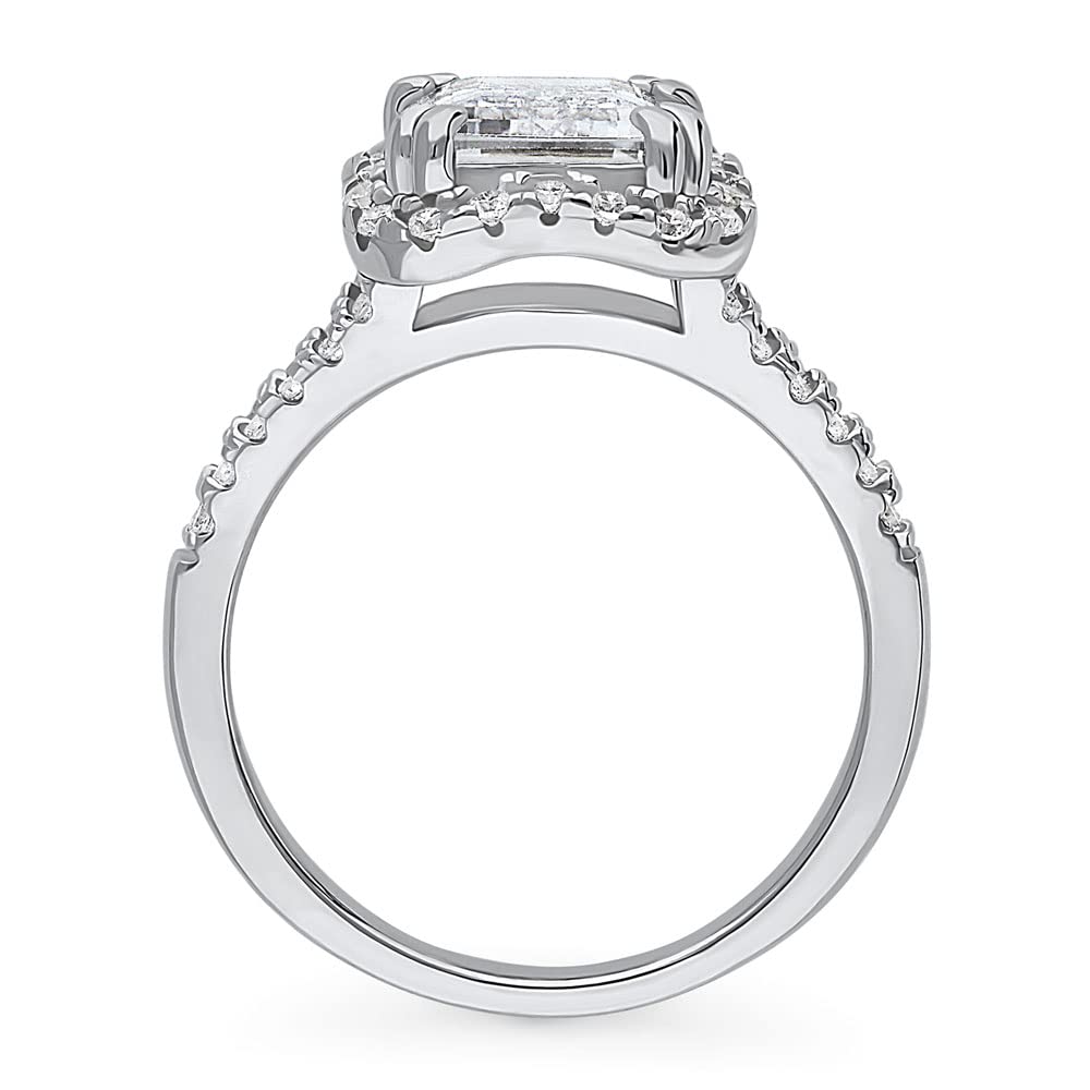 Sterling Silver Halo Wedding & Engagement Ring with Step Emerald Cut Cubic Zirconia for Women - Rhodium Plated Size 4-10 | Elegant Cocktail Ring for Anniversary, Proposal & Special Occasions