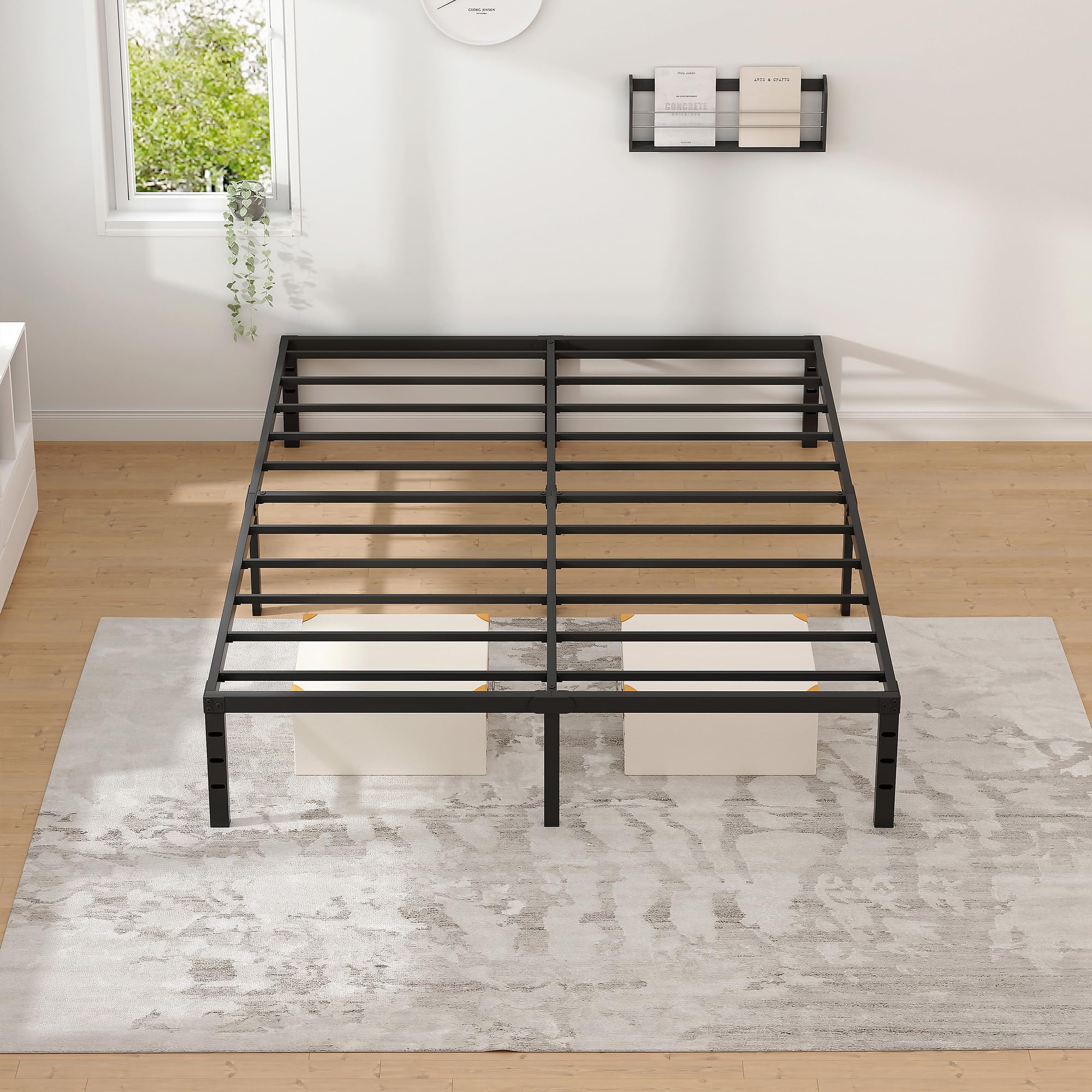 Queen Size Metal Bed Frame with Storage Space - Heavy Duty Sturdy Mattress Foundation, Easy Assembly, No Box Spring Needed - 18 Inch Black Bed Frame for Master Bedroom, Guest Room & Dorm