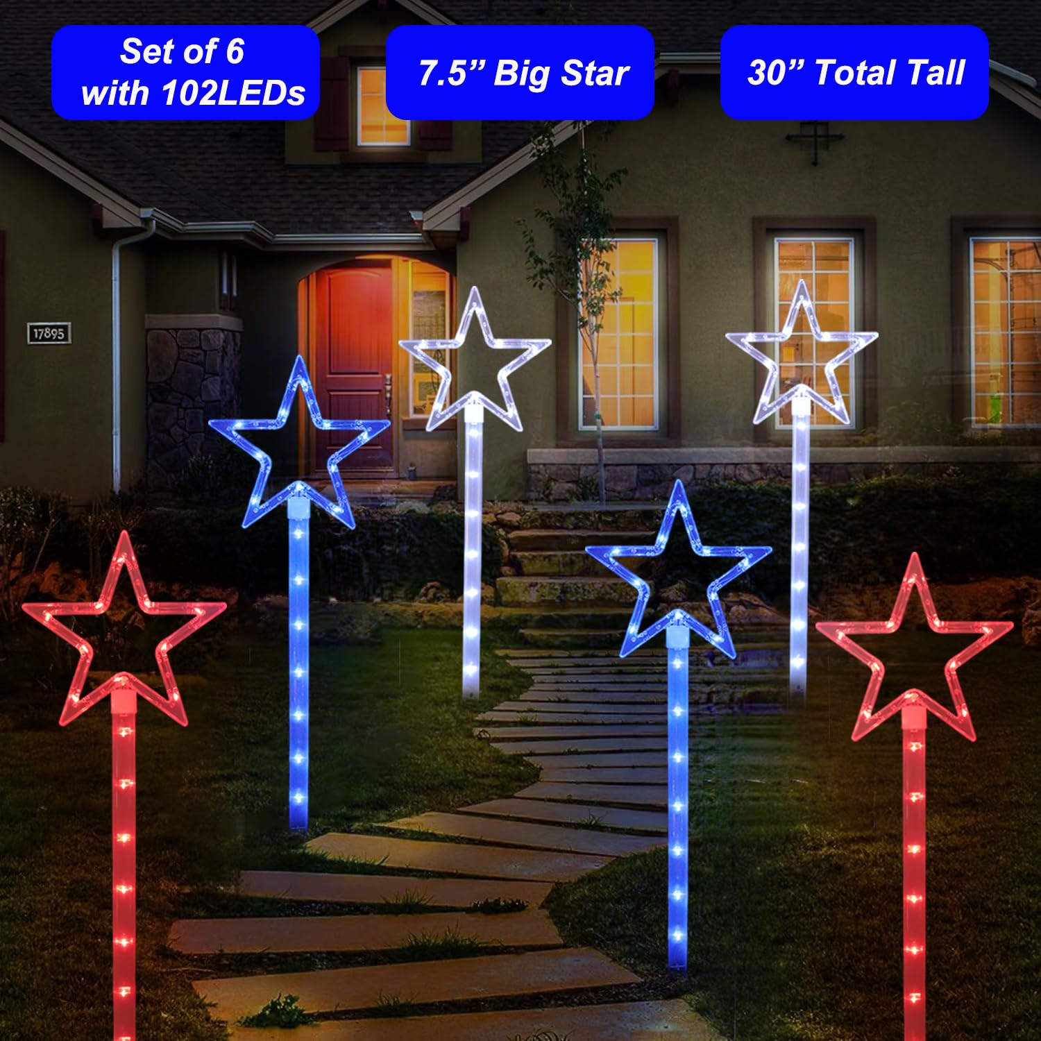 4th of July Solar Lights Outdoor Decorations - 6-Pack Red White Blue Big Star Patriotic Lights, Waterproof Memorial Day Garden & Yard Decor for Pathway, Lawn, Grave - Perfect for Independence Day, Veterans Day & Backyard BBQs