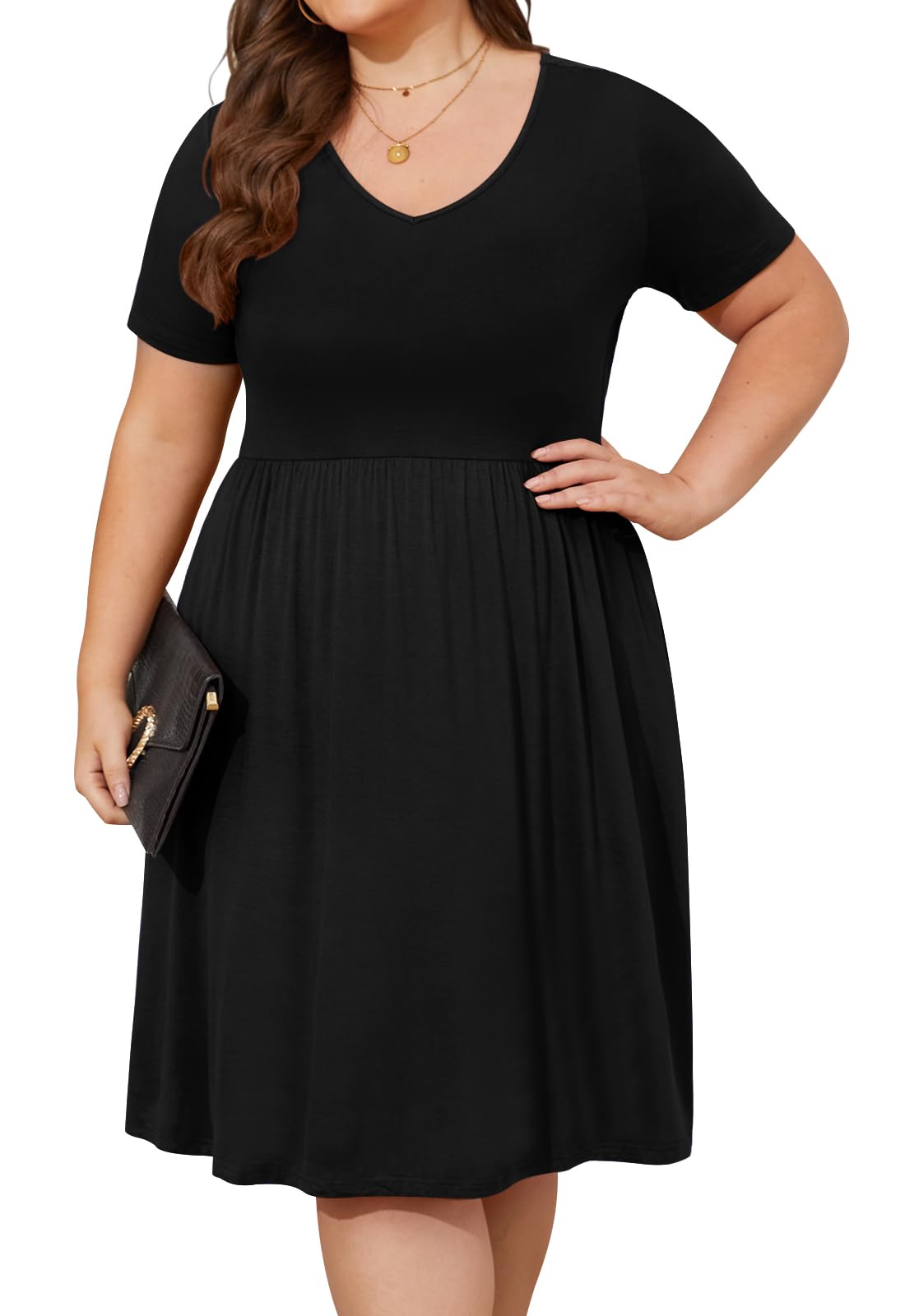 DB MOON Women's Plus Size Summer Casual Dress 2025 - V Neck Short Sleeve Knee Length Dress with Pockets (XL) | Perfect for Beach Outings, Picnics & Summer Vacations