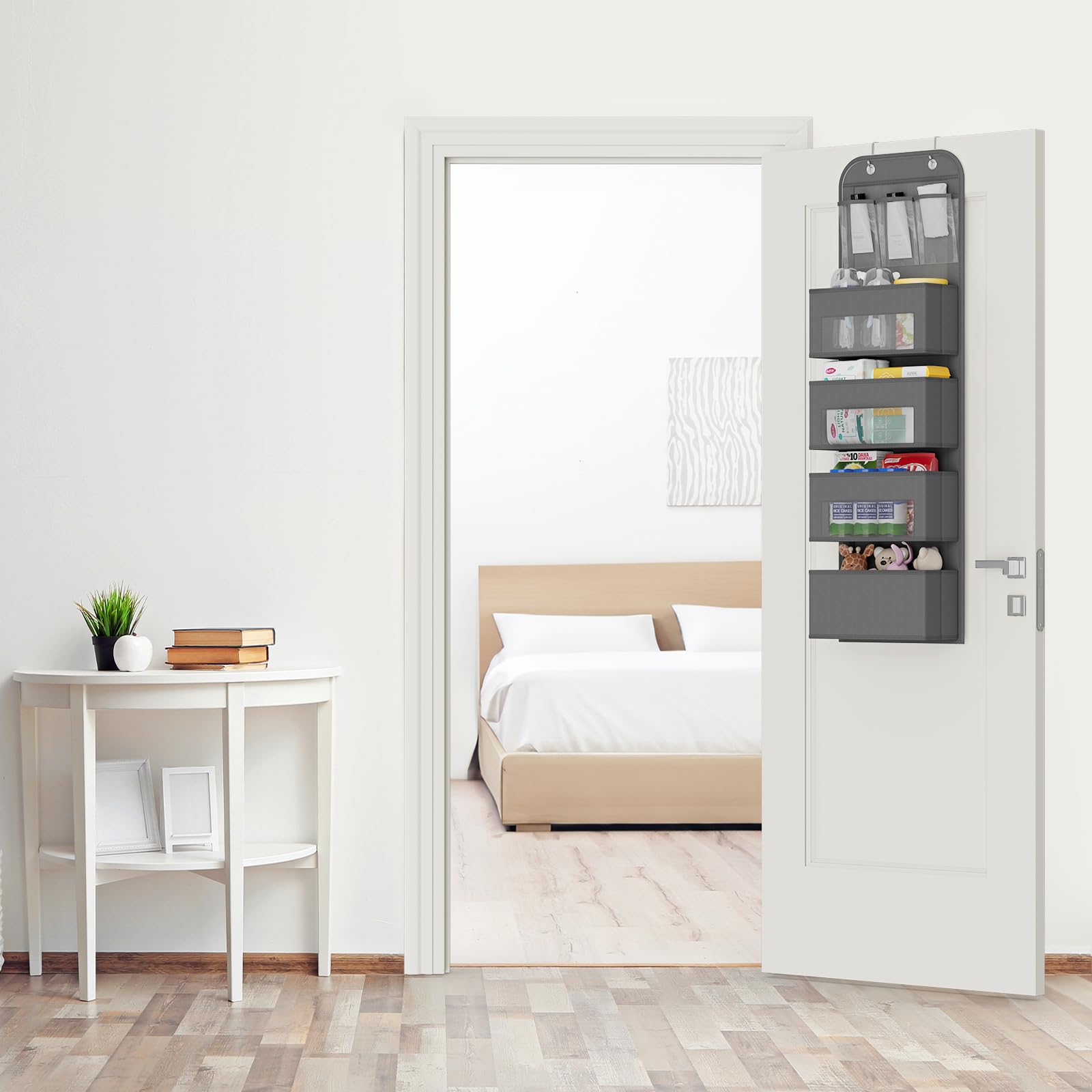 Over The Door Organizer with 4 Shelves - Space Saving Hanging Storage for Nursery, Closet & Bathroom - Grey (Perfect for Baby Supplies, Toys & Bathroom Essentials)