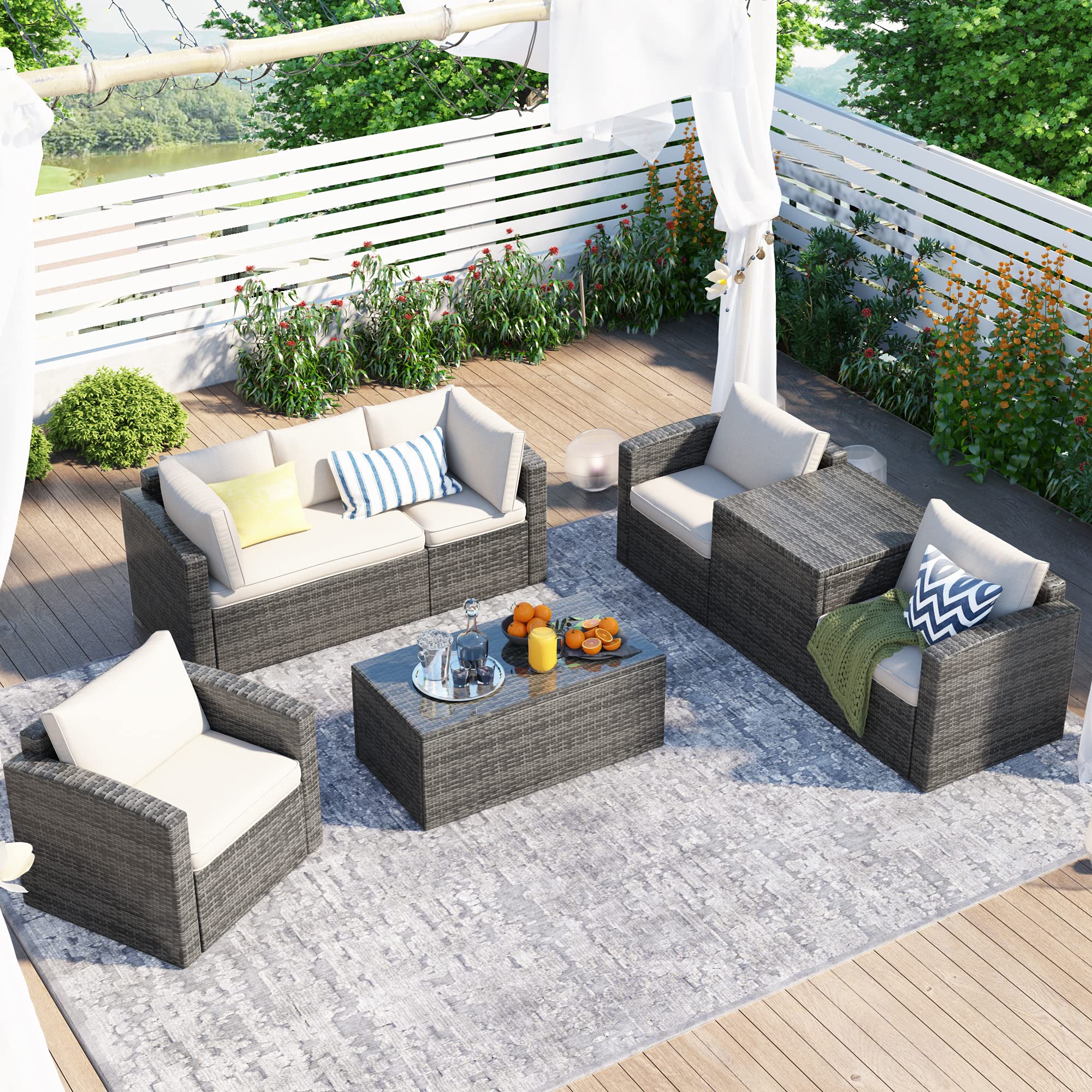 7-Piece Outdoor Patio Furniture Set - All-Weather PE Rattan Wicker Sofa with Cushions, Coffee Table & Storage - Beige - Perfect for Backyard, Garden, Poolside & Terrace Relaxation