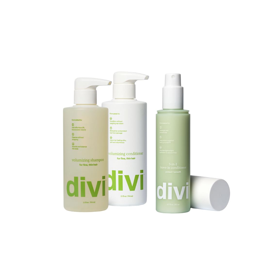 **Divi Wash Day Essentials for Fine & Thinning Hair – Volumizing Shampoo, Conditioner & Leave-In Treatment 3-Piece Set – Gentle Hair Care for Daily Use & Styling**