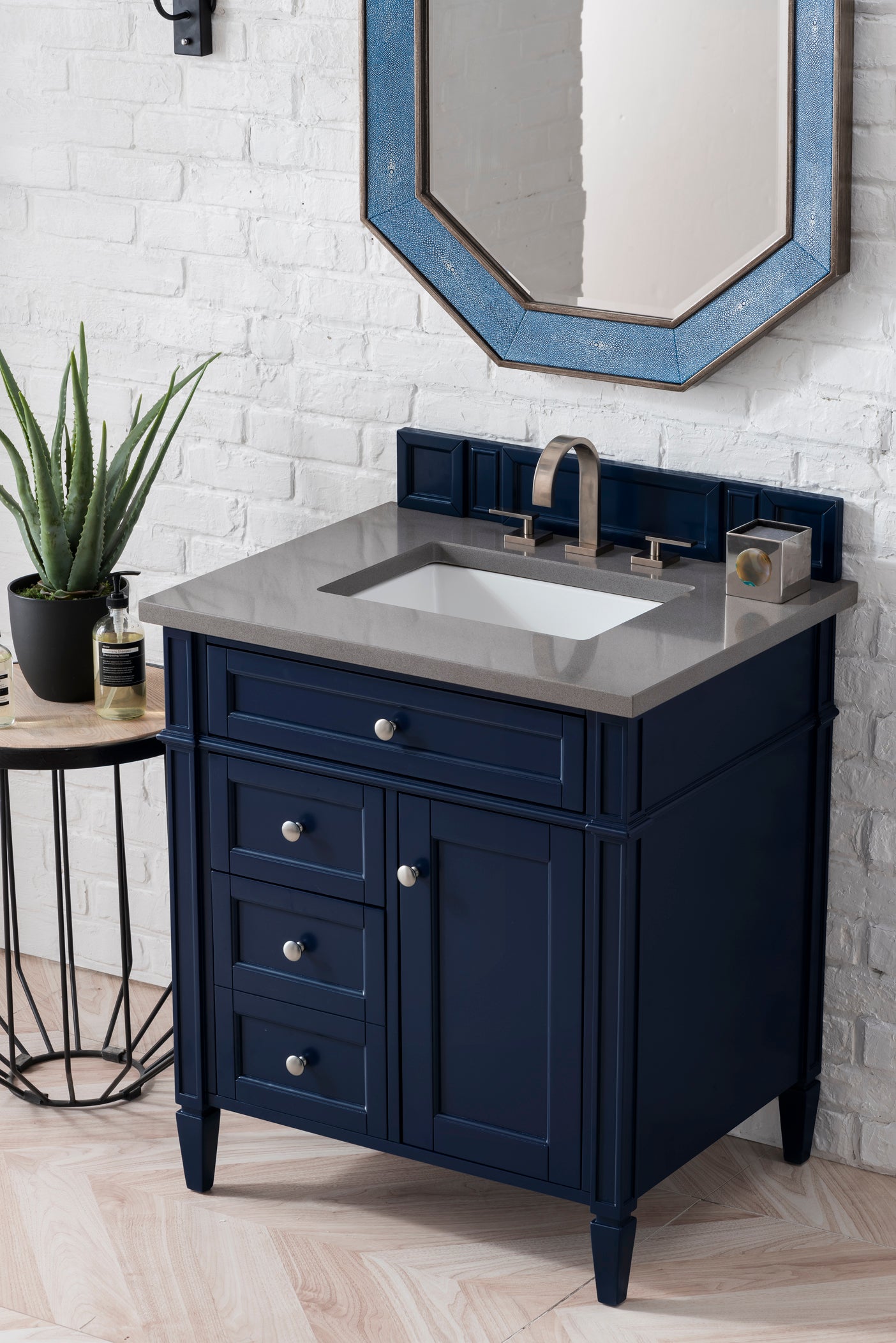 Brittany 30-Inch Single Bathroom Vanity Set with Victory Blue Cabinet & 3CM Grey Expo Quartz Countertop – Perfect for Modern Bathroom Remodeling & Small Space Design