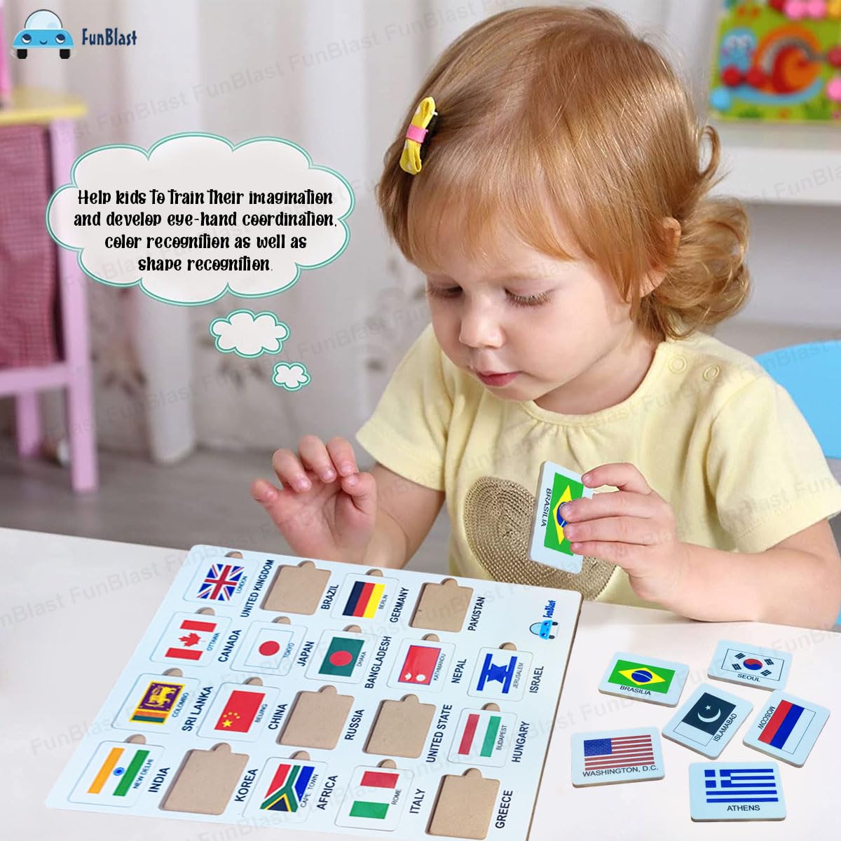 FunBlast World Country Flags Jigsaw Puzzle - Educational Board Game for Kids to Learn Countries & Capitals | Multicolor Learning Toy for Geography & Classroom Activities