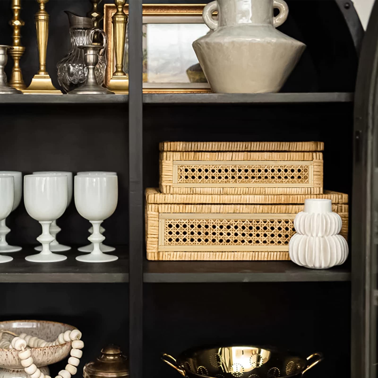 Handwoven Boho Rattan Storage Boxes with Glass Lids - Set of 2 Natural Woven Cane Organizer Bins for Home Decor, Jewelry & Bathroom Storage | Stylish Rectangular Display Box for Shelves, Dressers & Vanities