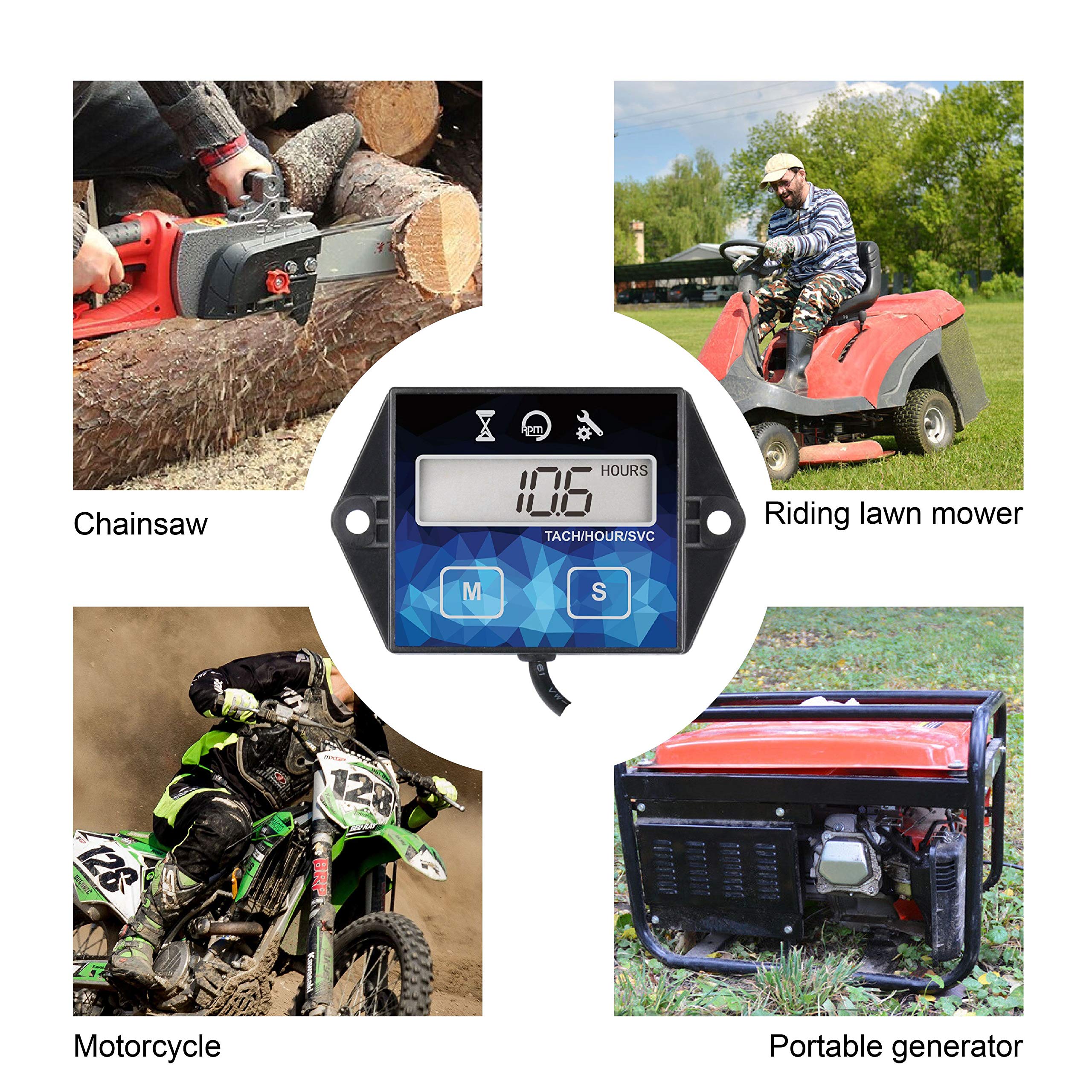 Runleader Digital Small Engine Hour Meter & Tachometer with Maintenance Reminder - Replaceable Battery, User Shutdown - Compatible with ZTR Lawn Mowers, Tractors, Generators, Marine Outboards & ATVs - Track Engine Hours for Maintenance Scheduling (1)
