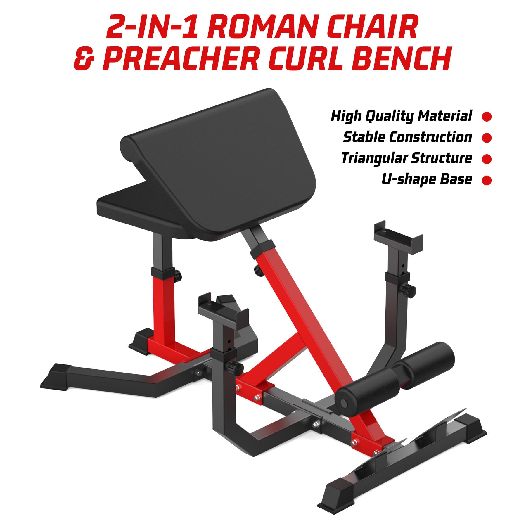 GARVEE 2-in-1 Roman Chair & Preacher Curl Bench - Adjustable Height Hyperextension Bench for Home Gym - Arms, Abs, Back, Glutes & Leg Workout Equipment - Heavy Duty Multi-Functional Fitness Bench (Red) - Perfect for Home Workouts, Strength Training & Core Exercises