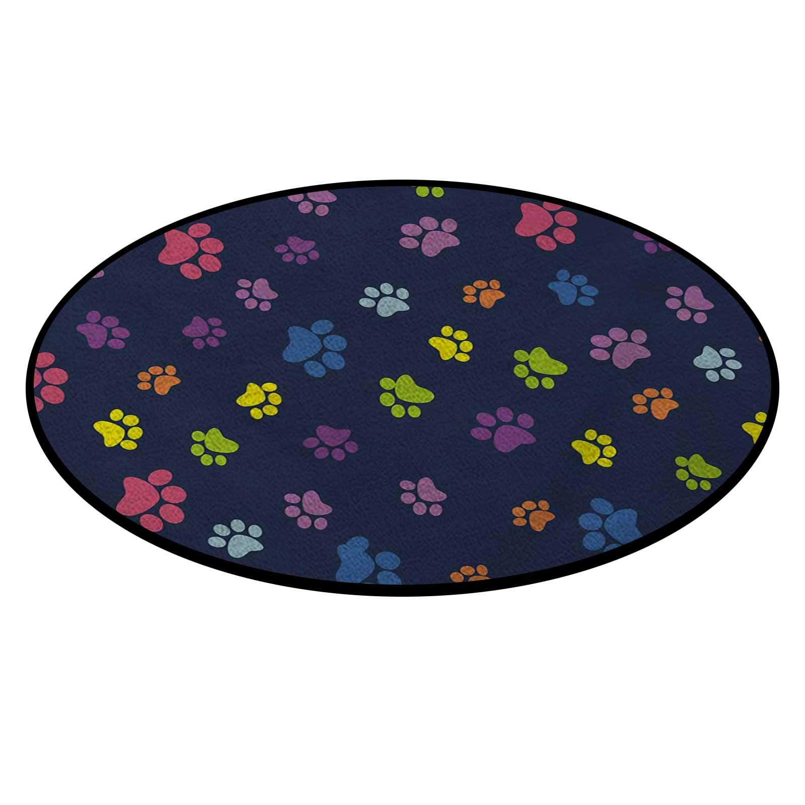 Vibrant Colorful Footprint Non-Slip Coffee Table Rug - 39.3 Inch Round Floor Mat for Living Room, Bedroom & Office Decor - Soft Home Carpet Protector for Hardwood Floors