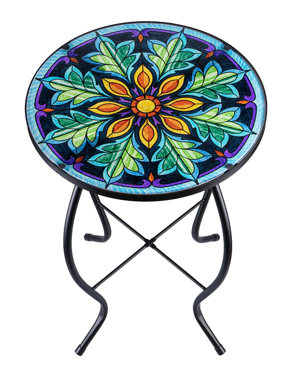 VCUTEKA Outdoor Mosaic Side Table - Round Glass Top End Table for Patio, Balcony, Porch & Indoor Use - Perfect for Coffee, Drinks & Decor