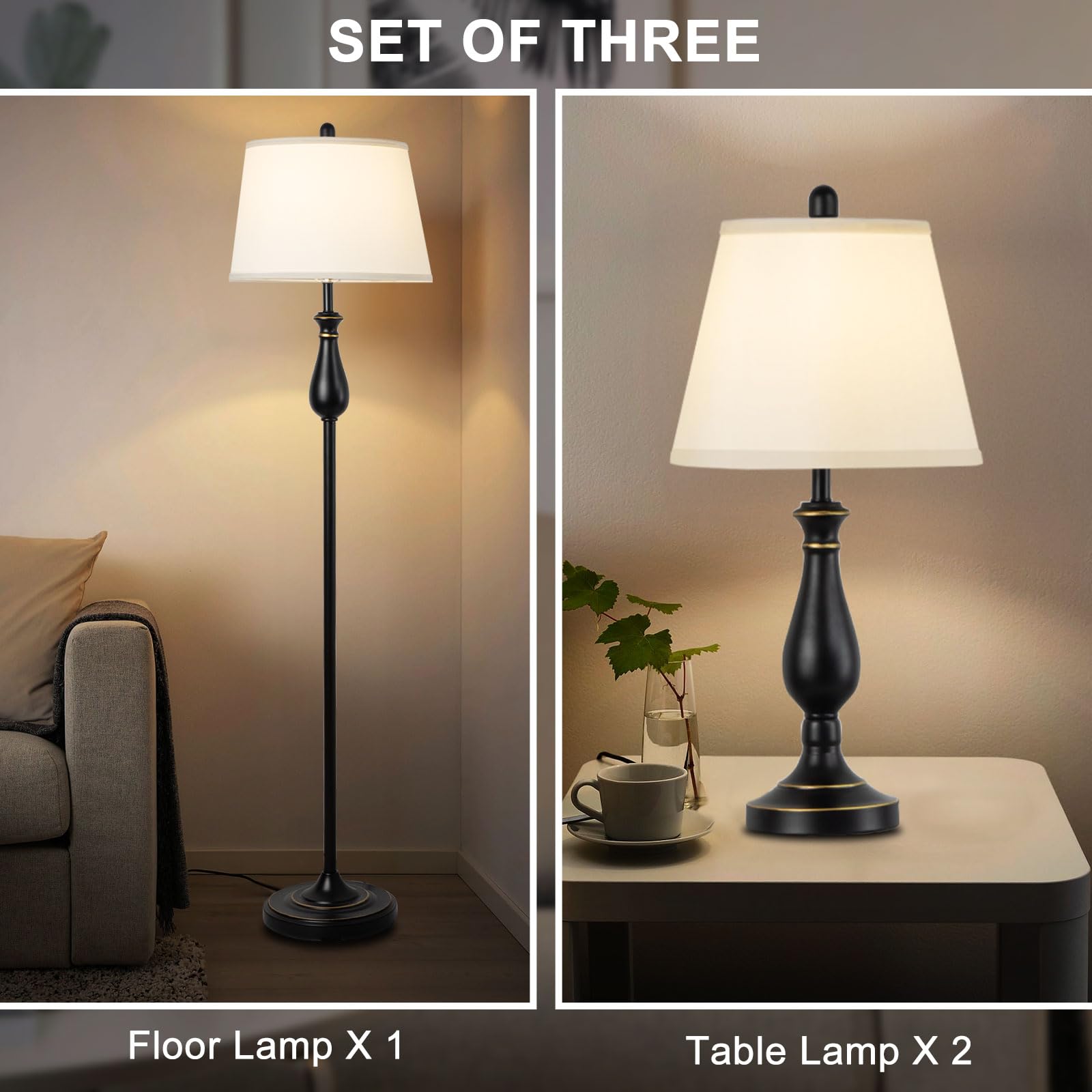 Depuley 3-Piece Table and Floor Lamp Set with White Linen Lampshade - Modern Farmhouse Lighting for Living Room, Bedroom & Nightstand - Black Finish - Perfect for Cozy Reading Nooks and Ambient Lighting