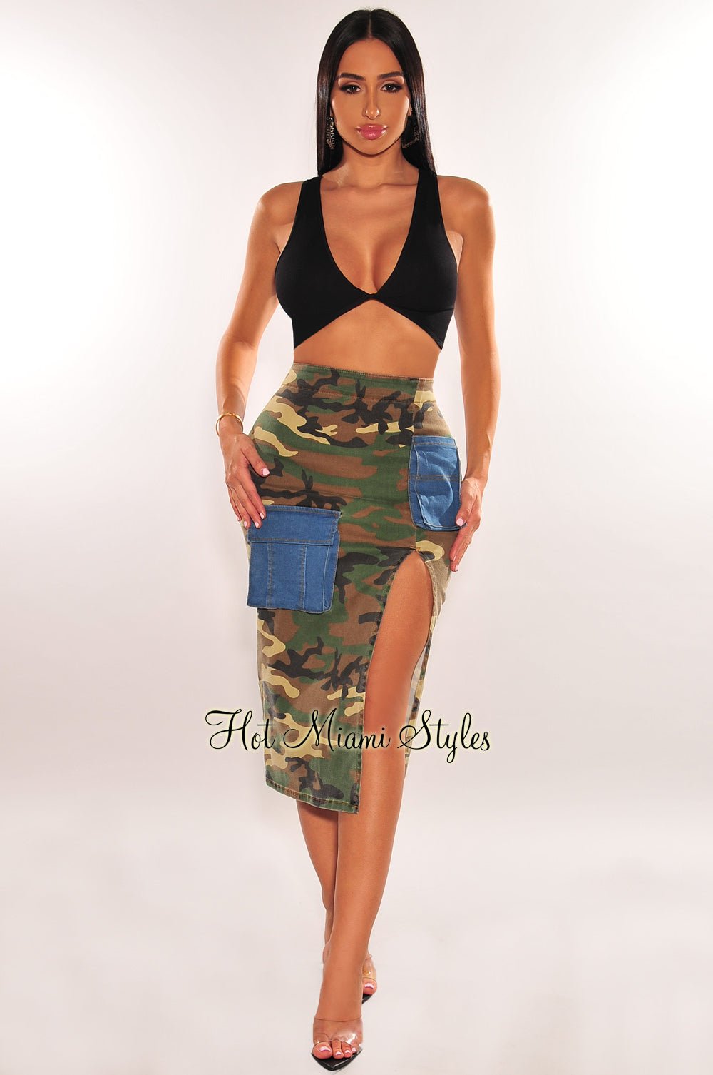 Stylish Denim Camo Print Cargo High Waist Slit Pencil Skirt for Women - Trendy Streetwear Fashion for Casual Outings & Night Out