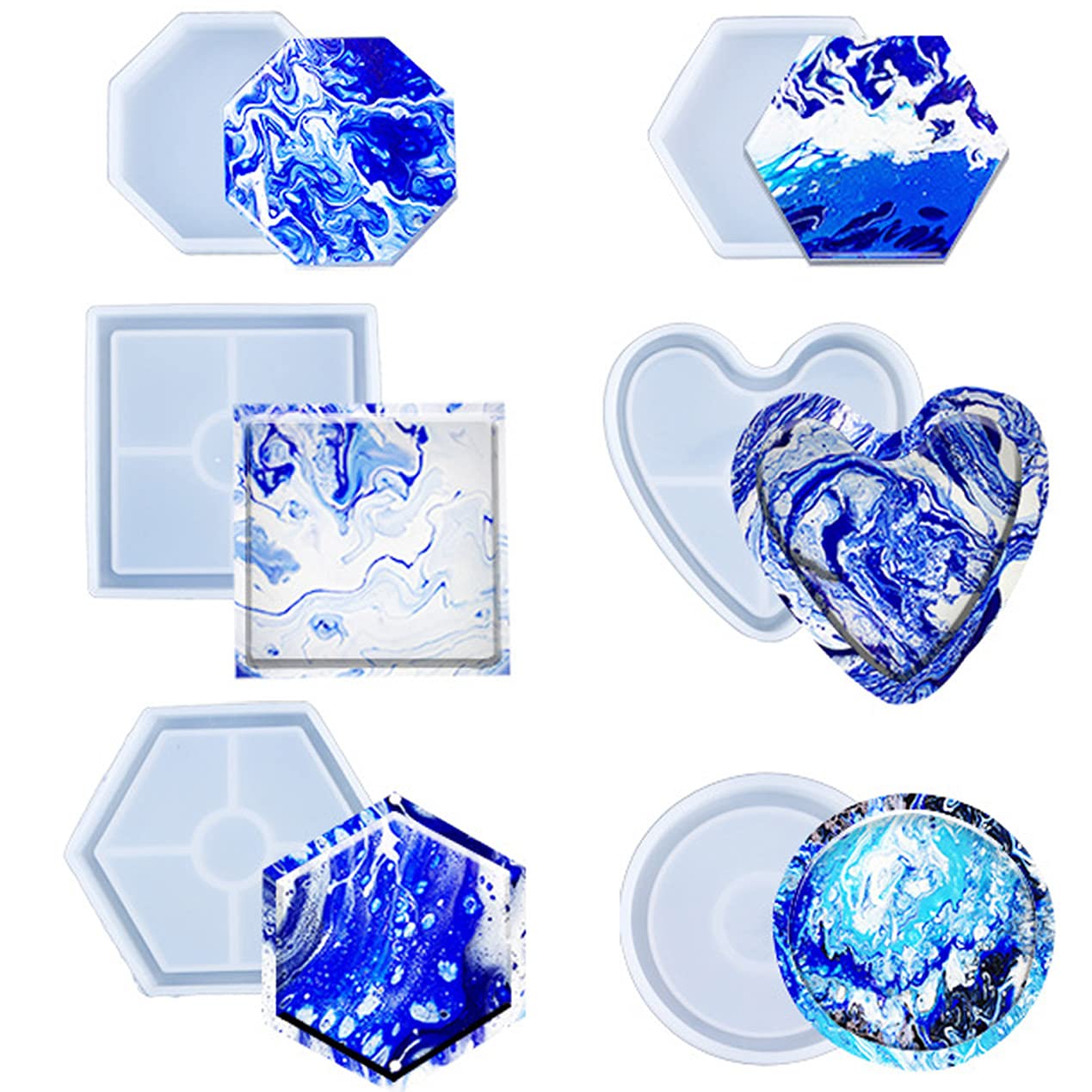 6 Pack Silicone Coaster Molds for Resin & Epoxy - Hexagon, Square, Round Shapes - DIY Resin, Concrete, Cement Casting - Perfect for Home Decor, Gift Making & Craft Projects