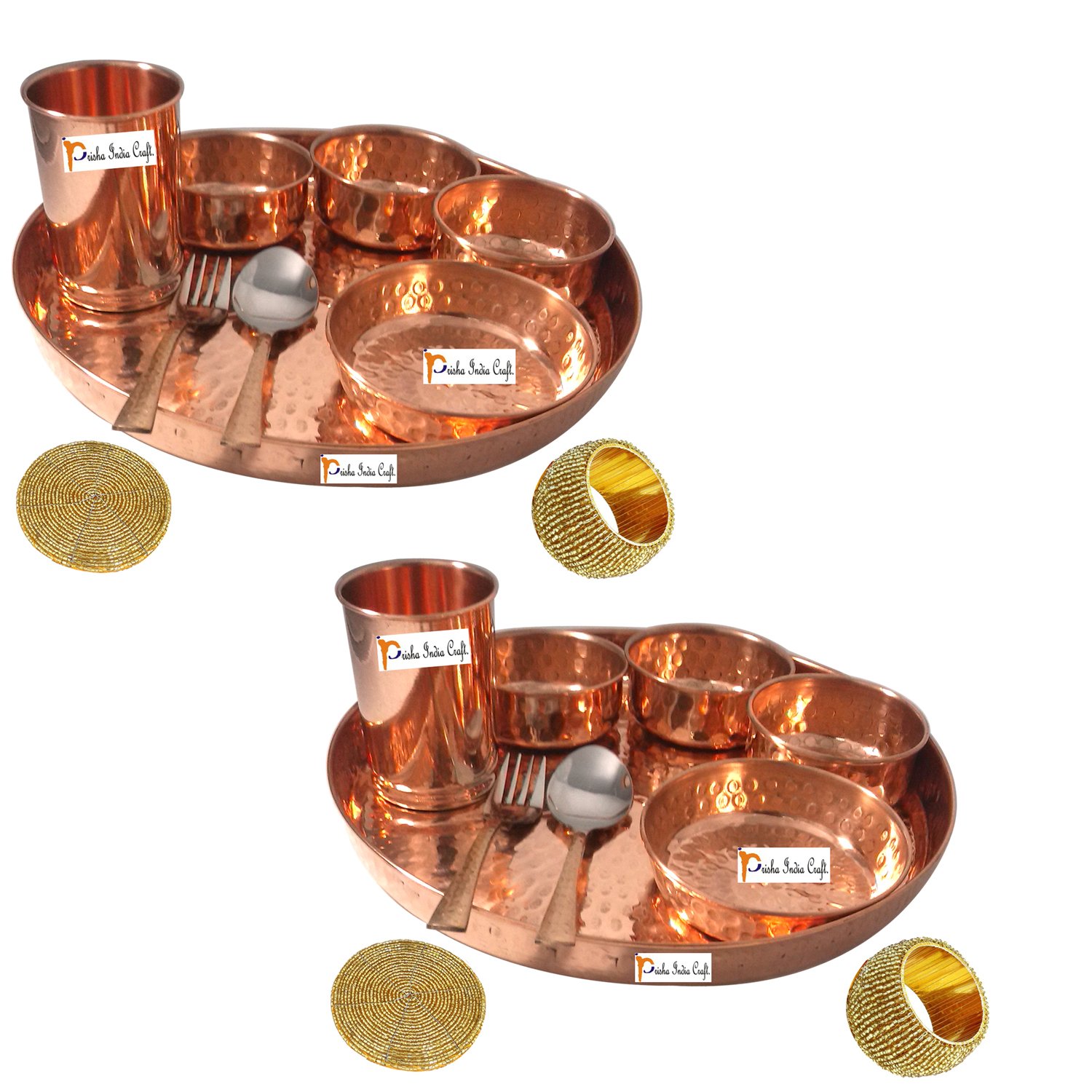 Prisha India Handmade Pure Copper Thali Set - Traditional Indian Dinnerware Includes 12