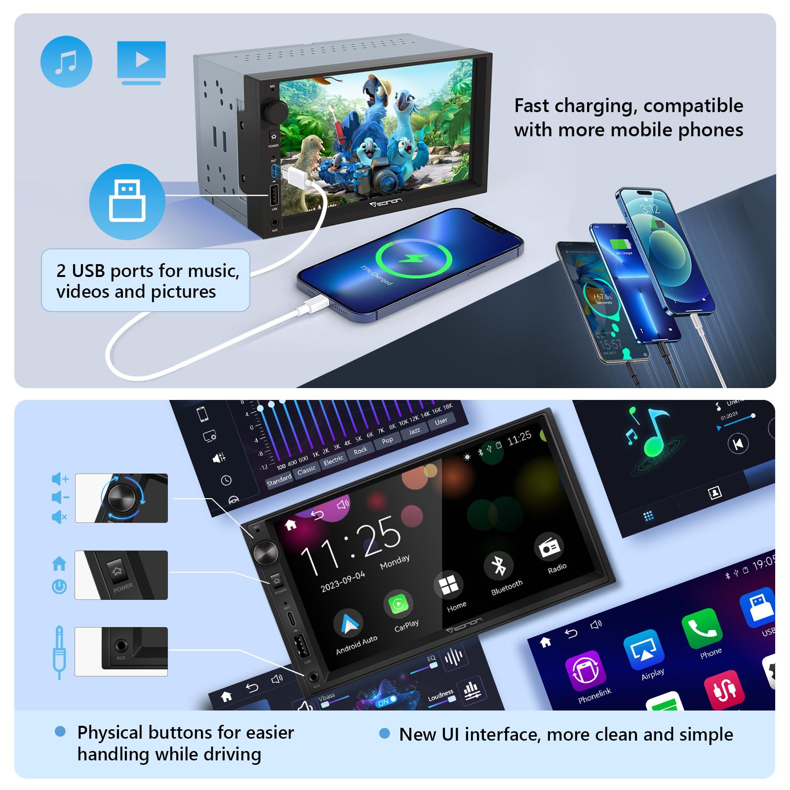Eonon 7 Inch QLED Double Din Car Stereo with Wireless CarPlay & Android Auto - Bluetooth, USB, DSP, Fast Charge, Touchscreen, MirrorLink, Backup Camera - Compatible with Most Vehicles for Road Trips & Daily Commute