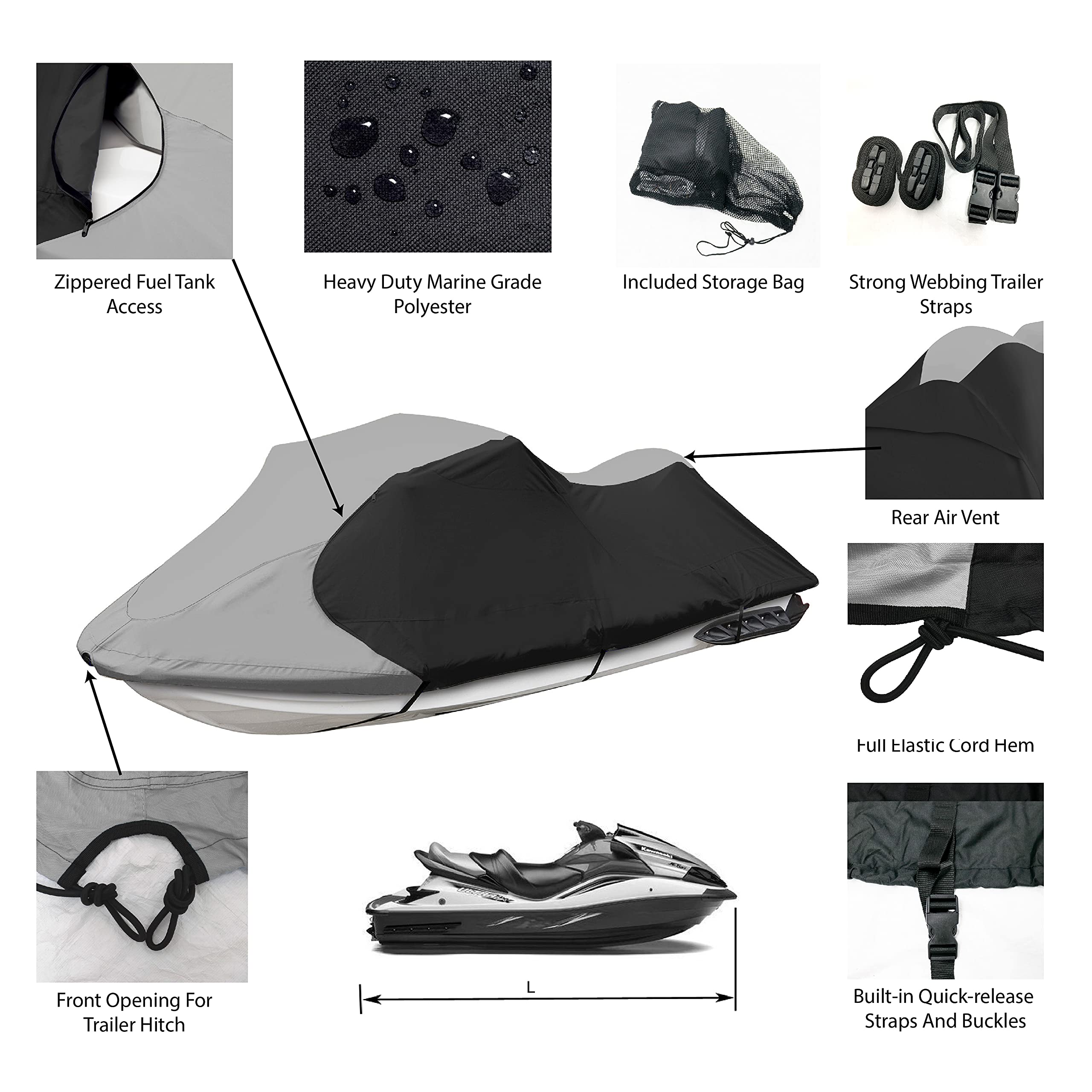 Waterproof 600D Heavy Duty Polyester Jet Ski Cover - Trailerable PWC Cover for 136