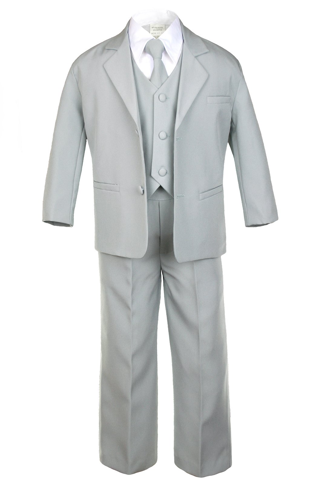 6-Piece Boys' Gray Suit Set with Satin Turquoise Blue Necktie - Formal Outfits for Baby to Teen - Perfect for Weddings, Parties & Special Occasions