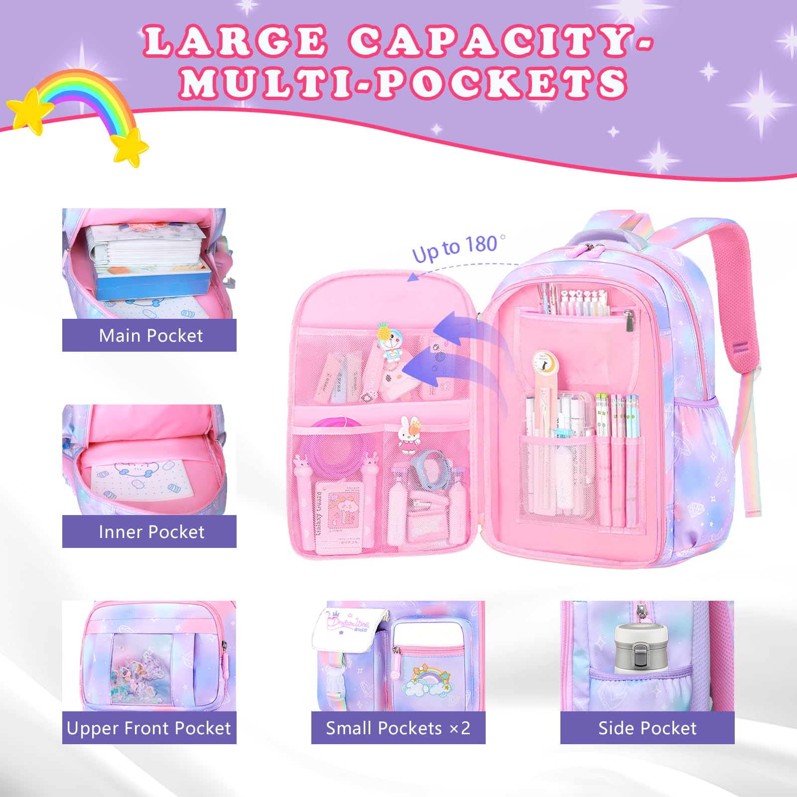 3Pcs Girls Backpack Set - Cute Rainbow School Backpack with Lunch Bag & Pen Case, Multi-Pocket Elementary Backpack for Preschool & Toddler (Purple) - Perfect for School, Travel & Daily Use