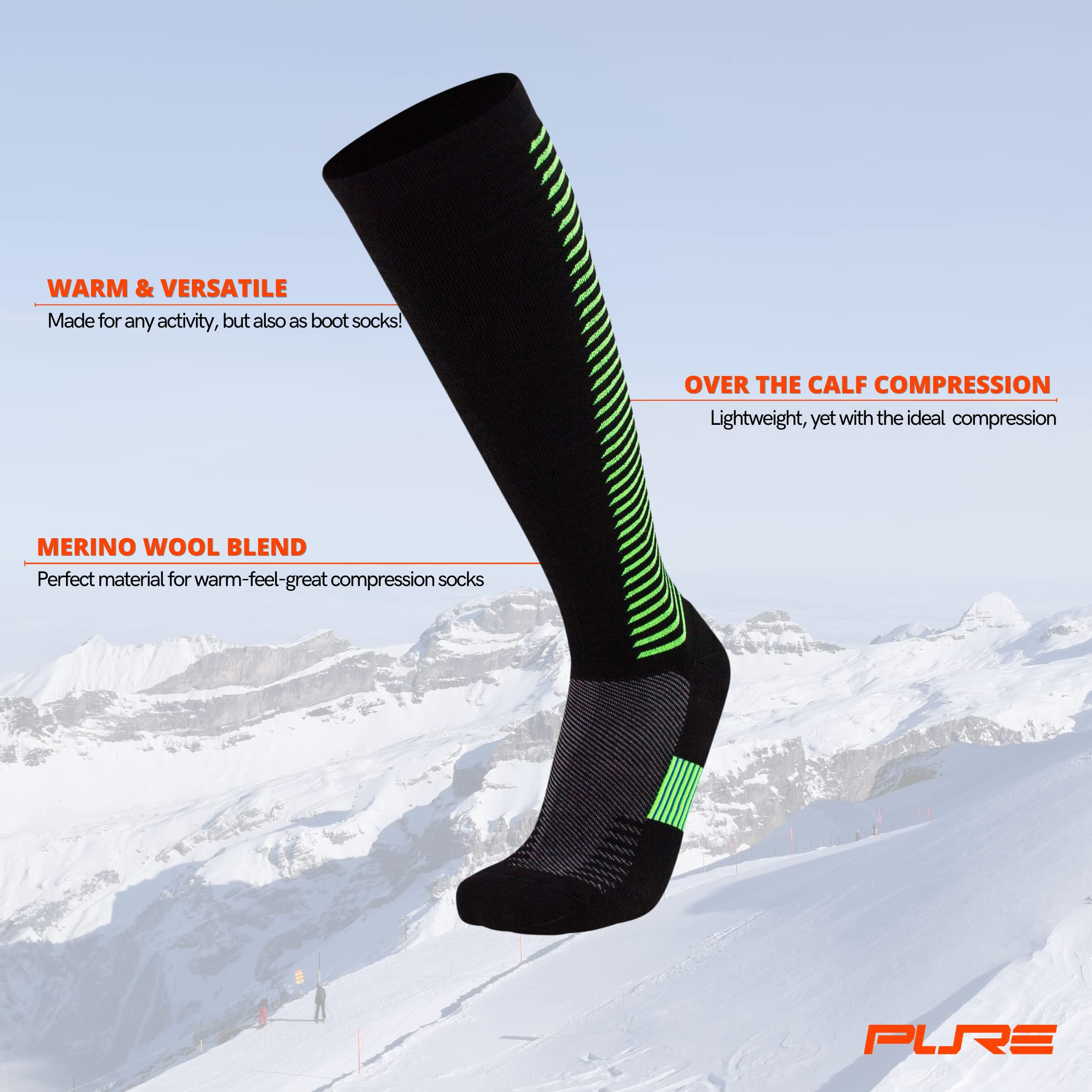 Premium Wool Compression Ski Socks - Thermal Boot Socks for Skiing, Hiking & Hunting | Ultra Warm & Supportive for Cold Weather Activities | Perfect for Winter Sports & Outdoor Adventures