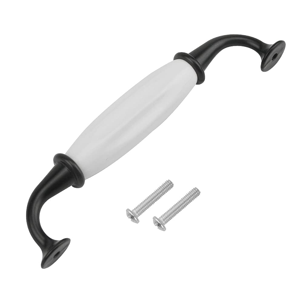 12 Pack Ceramic Drawer Pulls 5 Inch Hole Centers - Modern White & Black Cabinet Handles for Wardrobe, Dresser, Closet - Includes Mounting Screws - Perfect for Home Office, Bedroom Furniture & Kitchen Cabinets