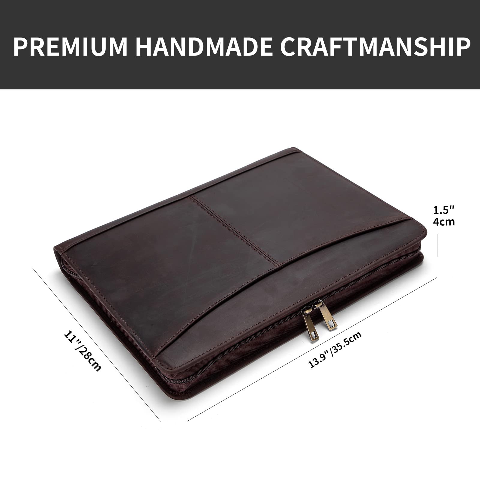 Custom Engraved Genuine Leather Portfolio for Men & Women - Professional Zippered Padfolio Binder Holds 8.5x11 Legal Pad & Laptop - Dark Brown Leather Organizer for Business Meetings, Office & Gifts