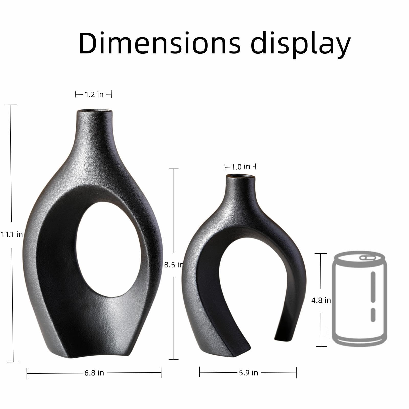XL Black Ceramic Vase Set of 2 - Modern Home Decor, Boho Round Donut Pampas Grass Vases - 11.1