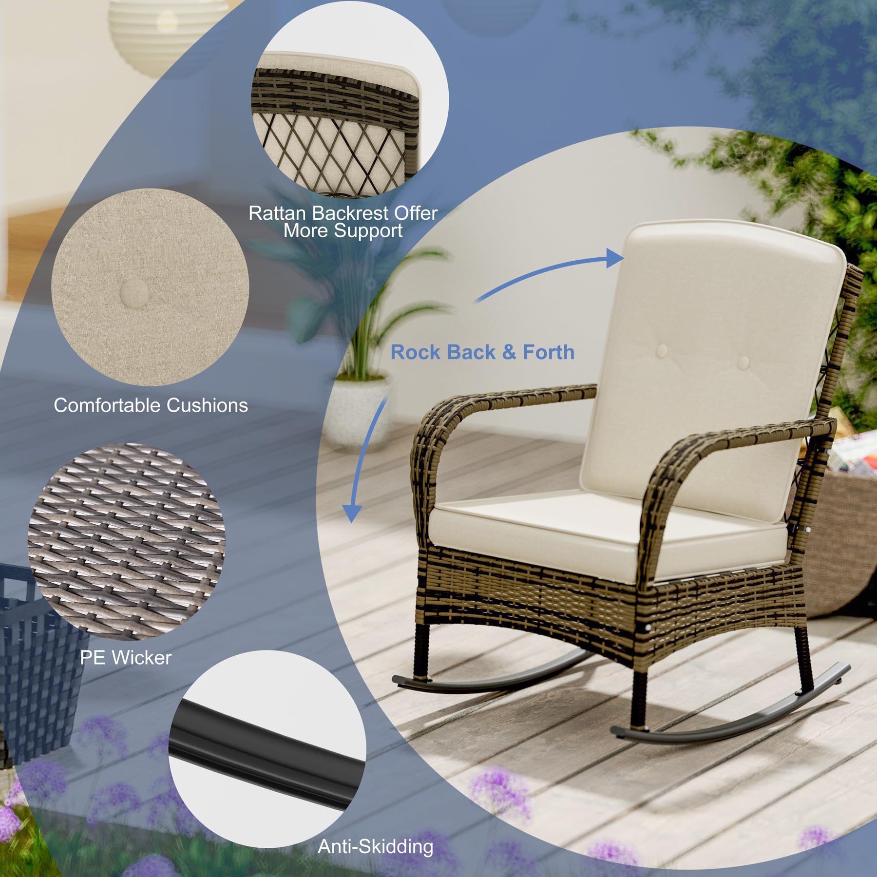 3-Piece Patio Conversation Set with Outdoor Rocking Chair & Wicker Bistro Table - Beige Porch Furniture for Deck, Garden, Poolside Relaxation | Perfect for Backyard Lounging, Outdoor Entertaining & Sunset Chats