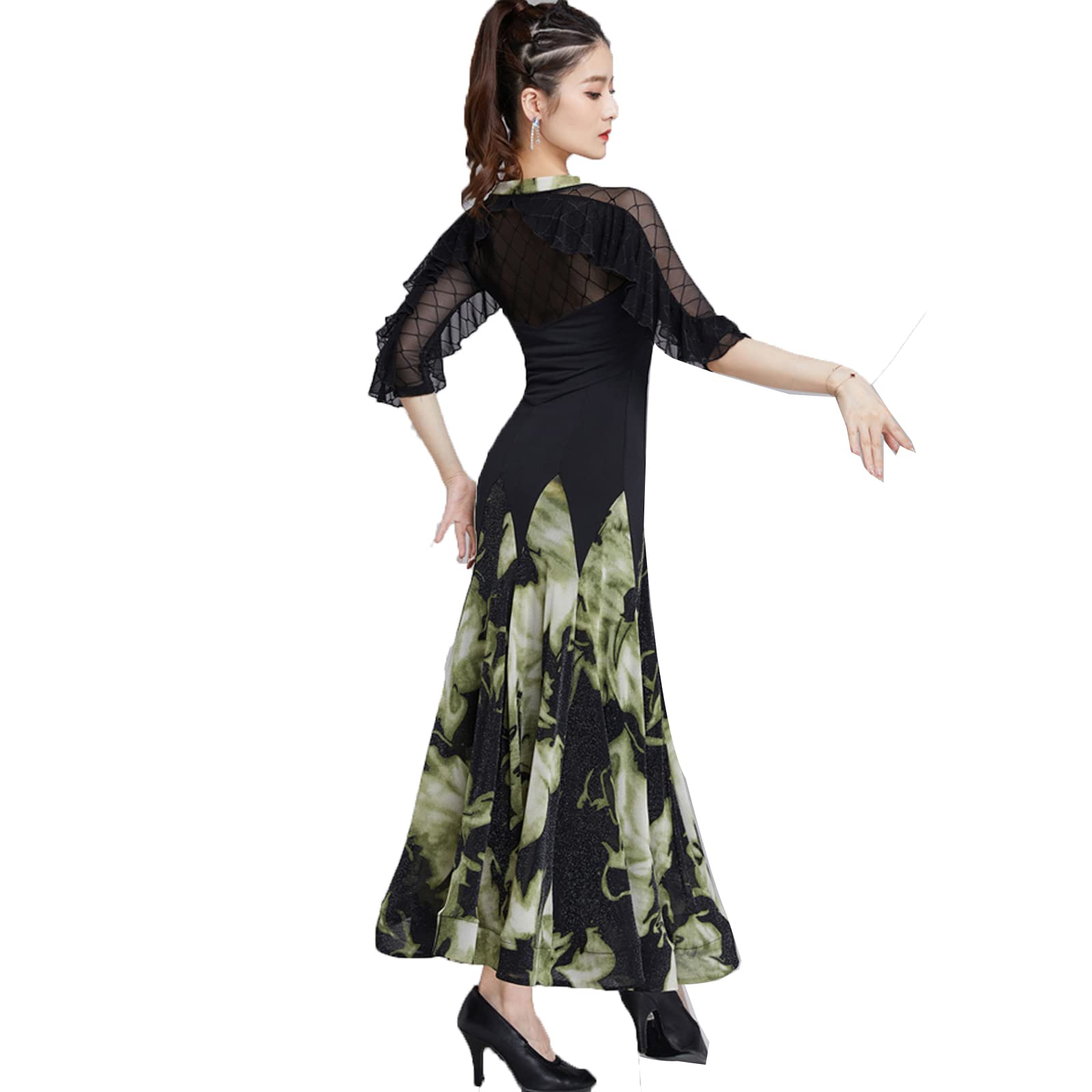 Elegant Ballroom Dance Dresses for Women - Medium Sleeve Tango Foxtrot Waltz Performance Outfit with V-Neck & Flowy Skirt | Perfect for Competition, Showcase & Social Dancing Events