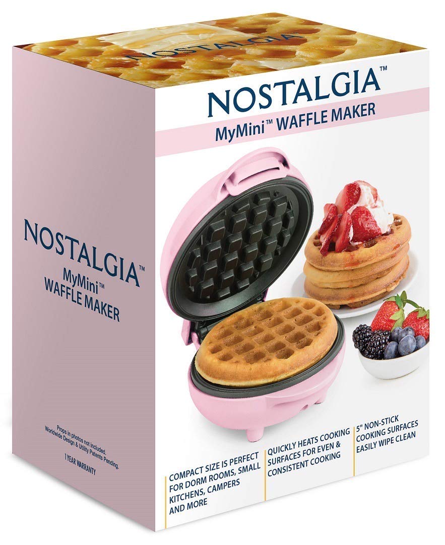 Nostalgia MWF5AQ MyMini Personal Electric Waffle Maker - Make Waffles, Hash Browns, French Toast, Grilled Cheese, Quesadillas, Brownies & Cookies - Compact & Portable, Perfect for Dorms, Offices & Small Kitchens (Pink)